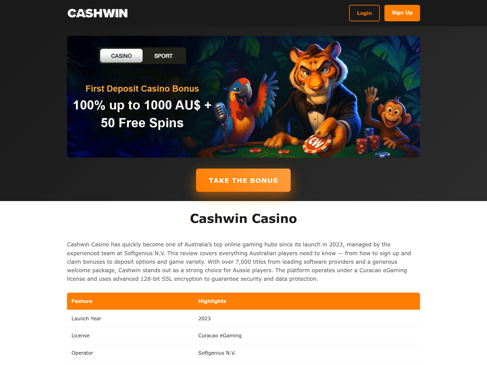 Screenshot of cashwincasinoau.com