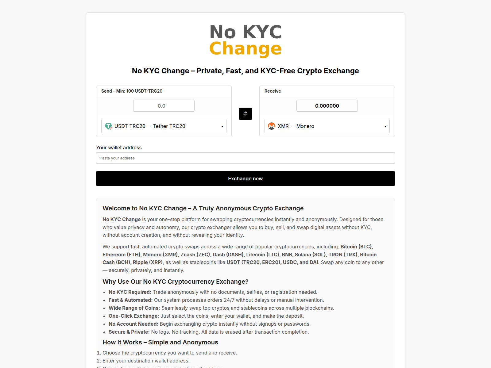 Screenshot of no-kyc-change.exchange