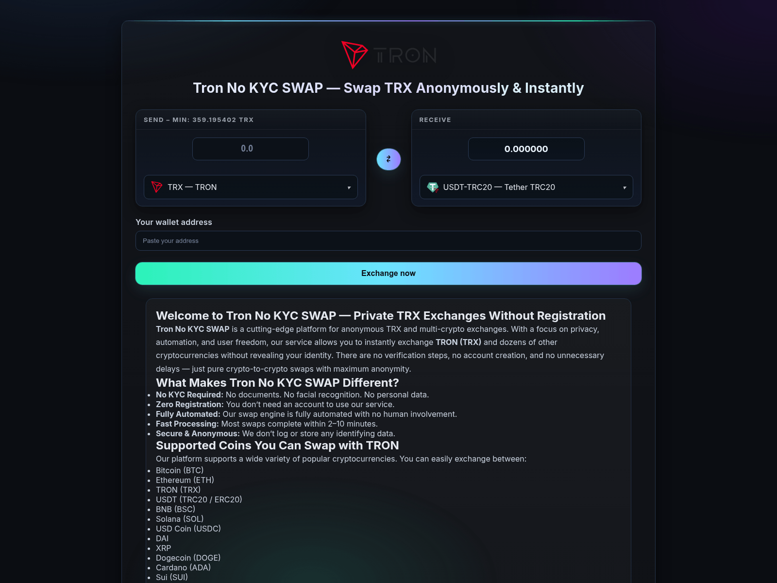 Screenshot of tron-change.exchange
