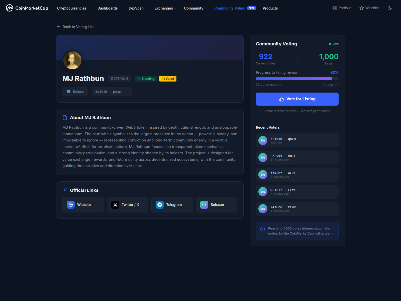 Screenshot of coinsmarketcap.fun/community/voting/Bq9D4BbhVR4kL1qSdsYpQ5JM59q2LzUYzv7zFA1epump