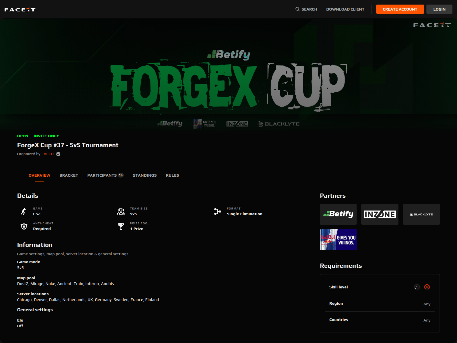 Screenshot of faceit.cup37.com/en/cs2/championship/d66077f0-af17-4b3b-a4f0-8a08524f64ce/overview?=invitecode_8At9Jx0En9