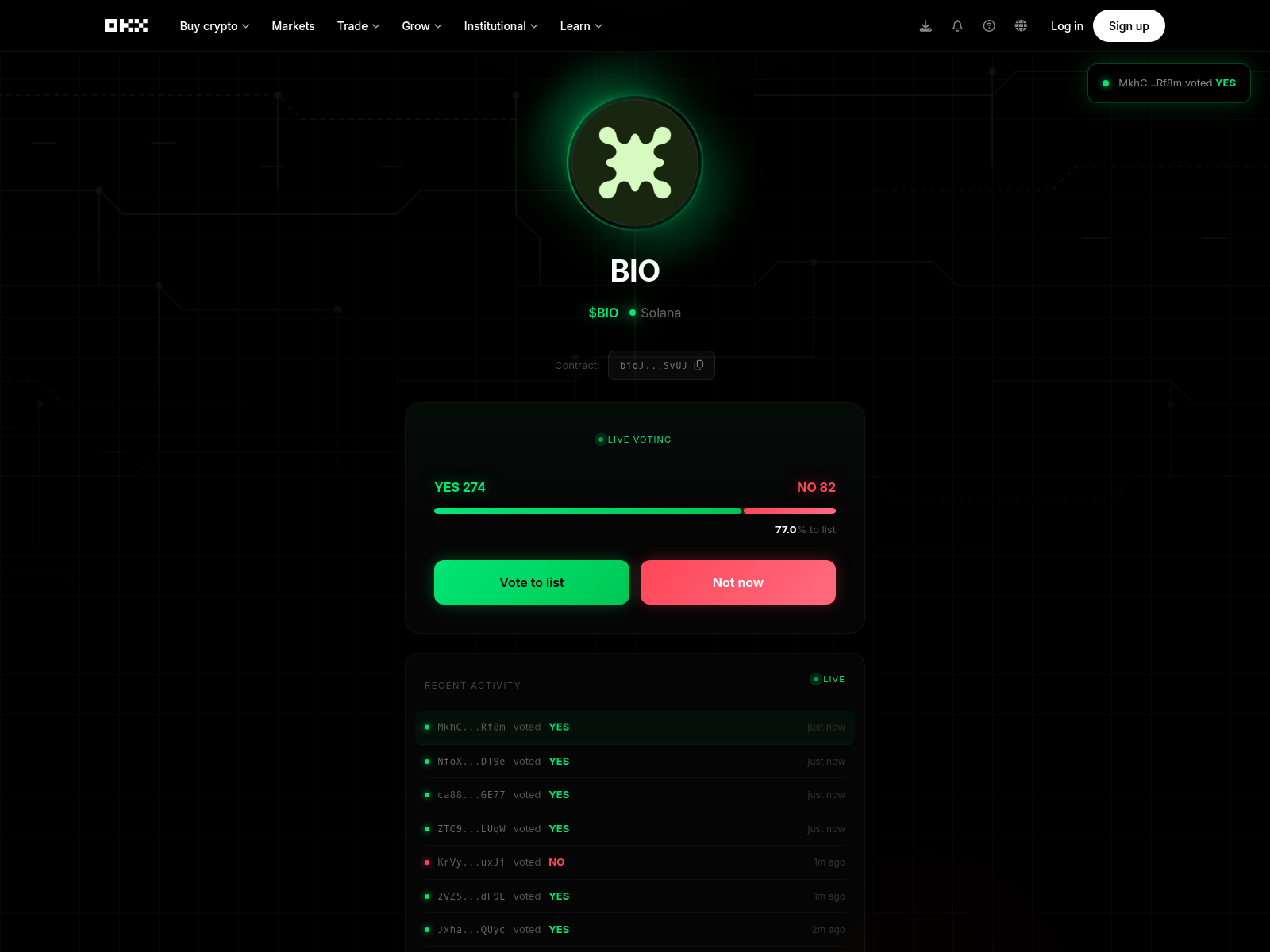 Screenshot of okxvotes.fun/vote/bioJ9JTqW62MLz7UKHU69gtKhPpGi1BQhccj2kmSvUJ
