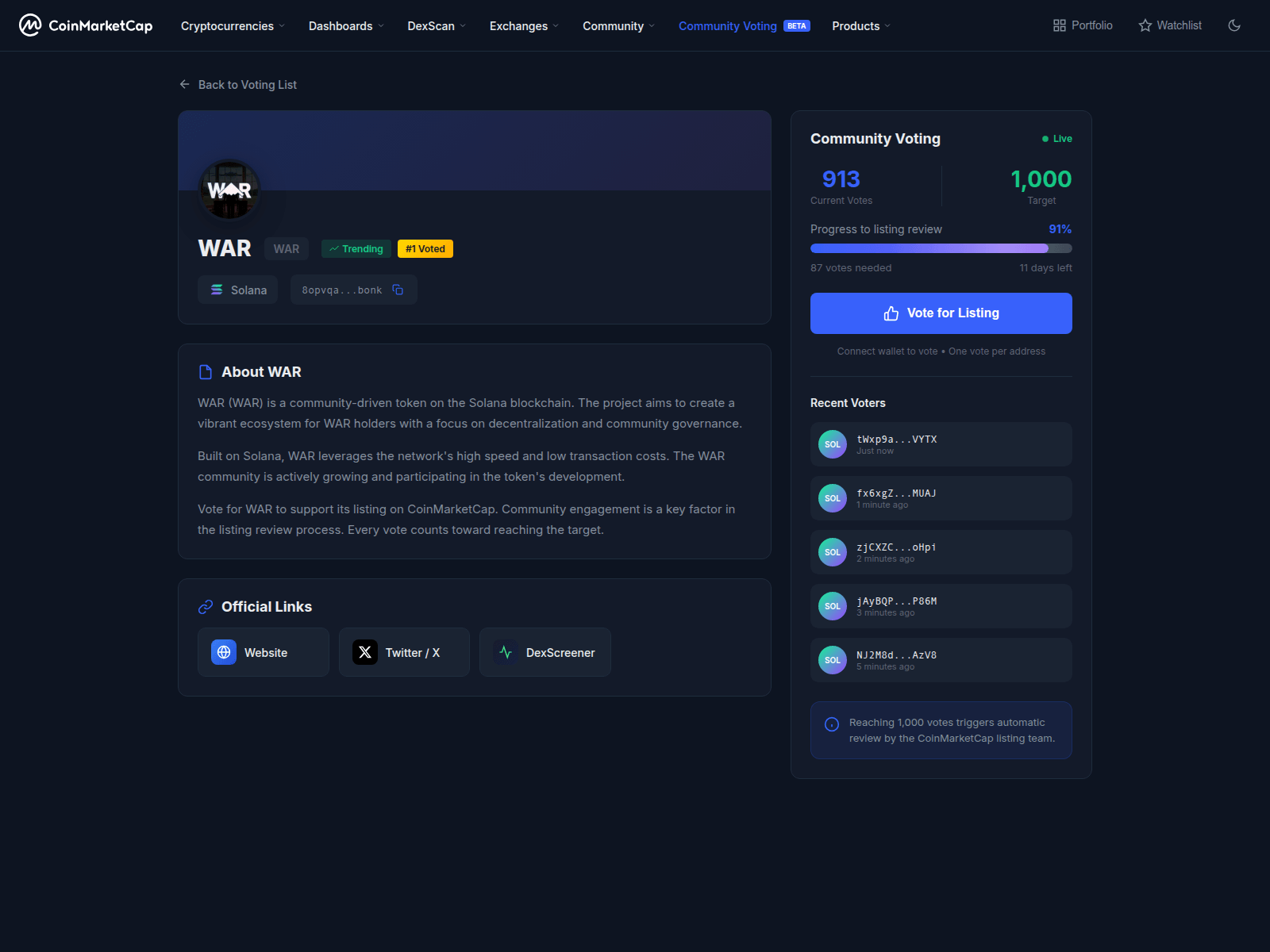 Screenshot of coinsmarlketcap.fun/community/voting?token=8opvqaWysX1oYbXuTL8PHaoaTiXD69VFYAX4smPebonk