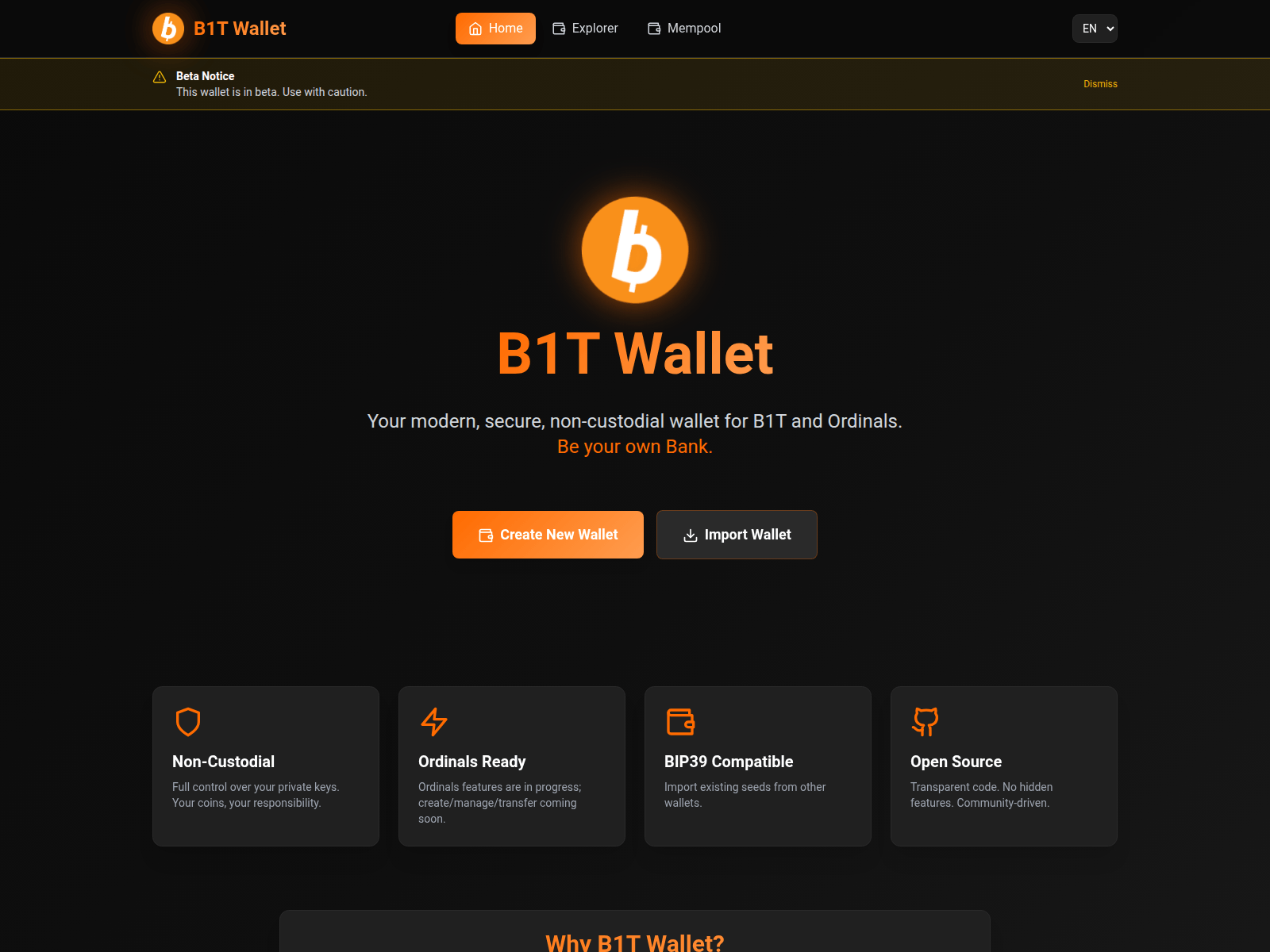 Screenshot of b1twallet.org/dashboard