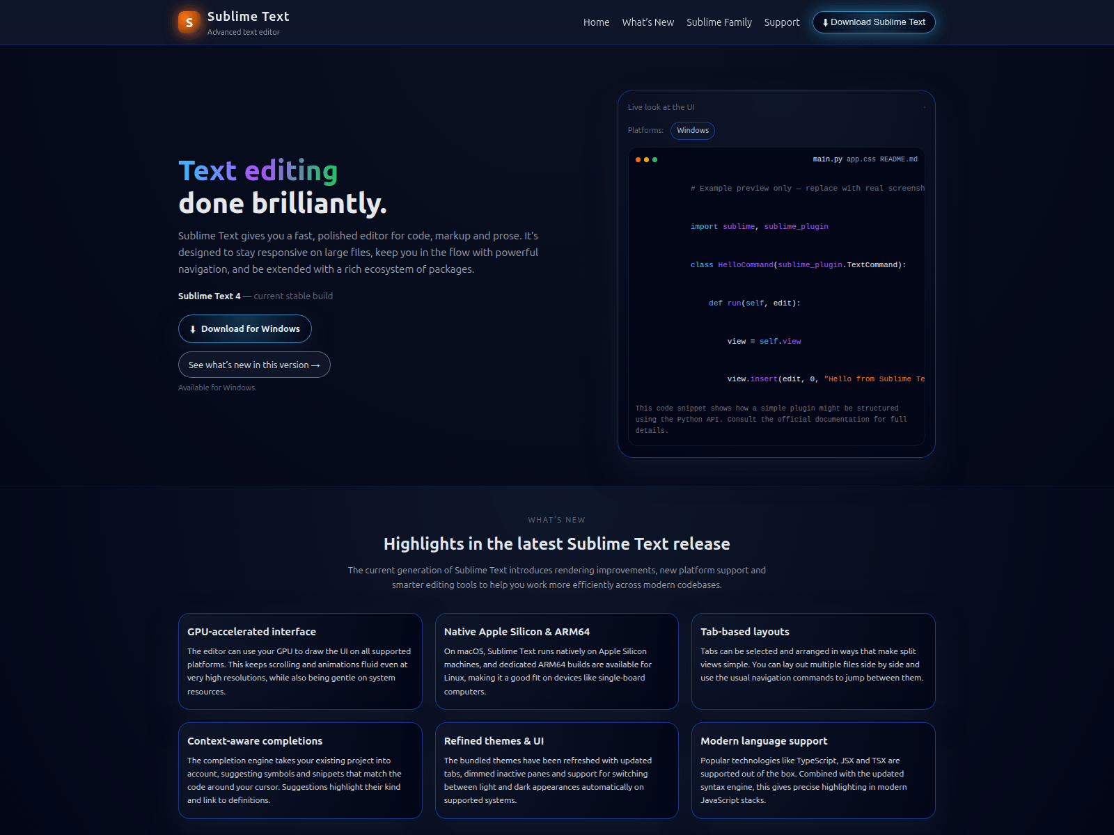 Screenshot of www.sublimetext.net