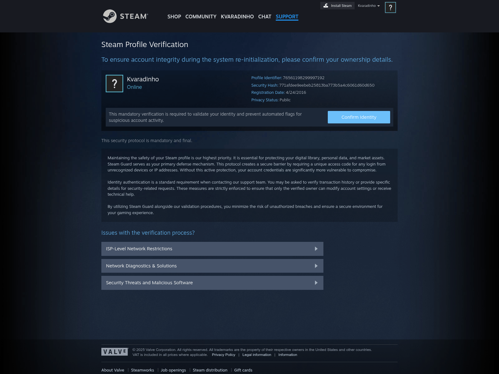 Screenshot of help.valveconfirmip.com/user/76561198299997192