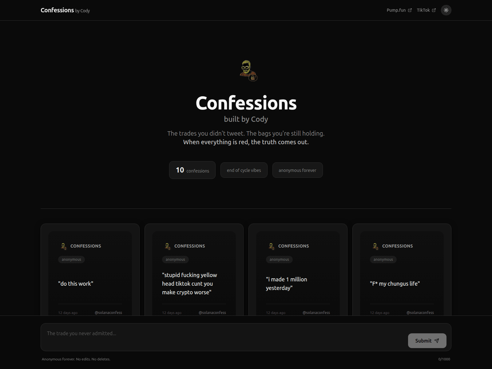 Screenshot of solanaconfessions.xyz