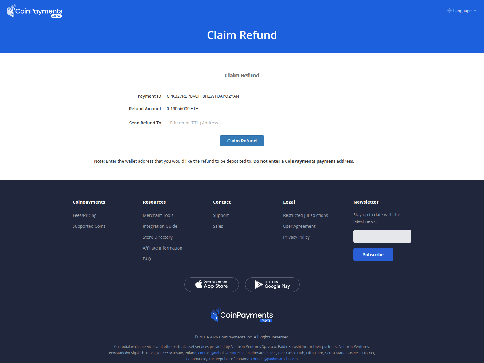 Screenshot of coinpayments.network