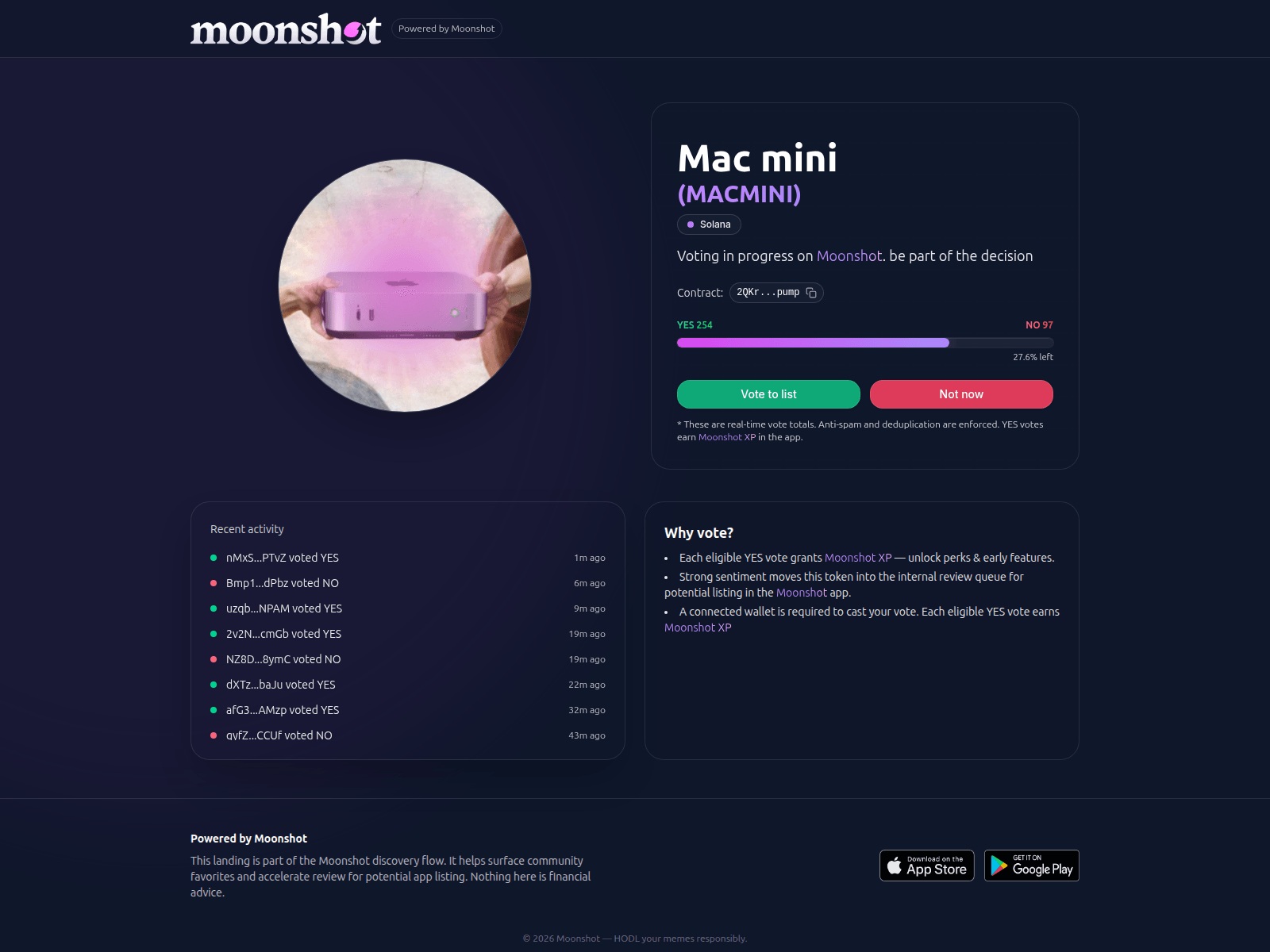 Screenshot of register-moonshot.org/vote/2QKrBtNECja4cJygxA7igwqxahs93GNmuQ2We2stpump