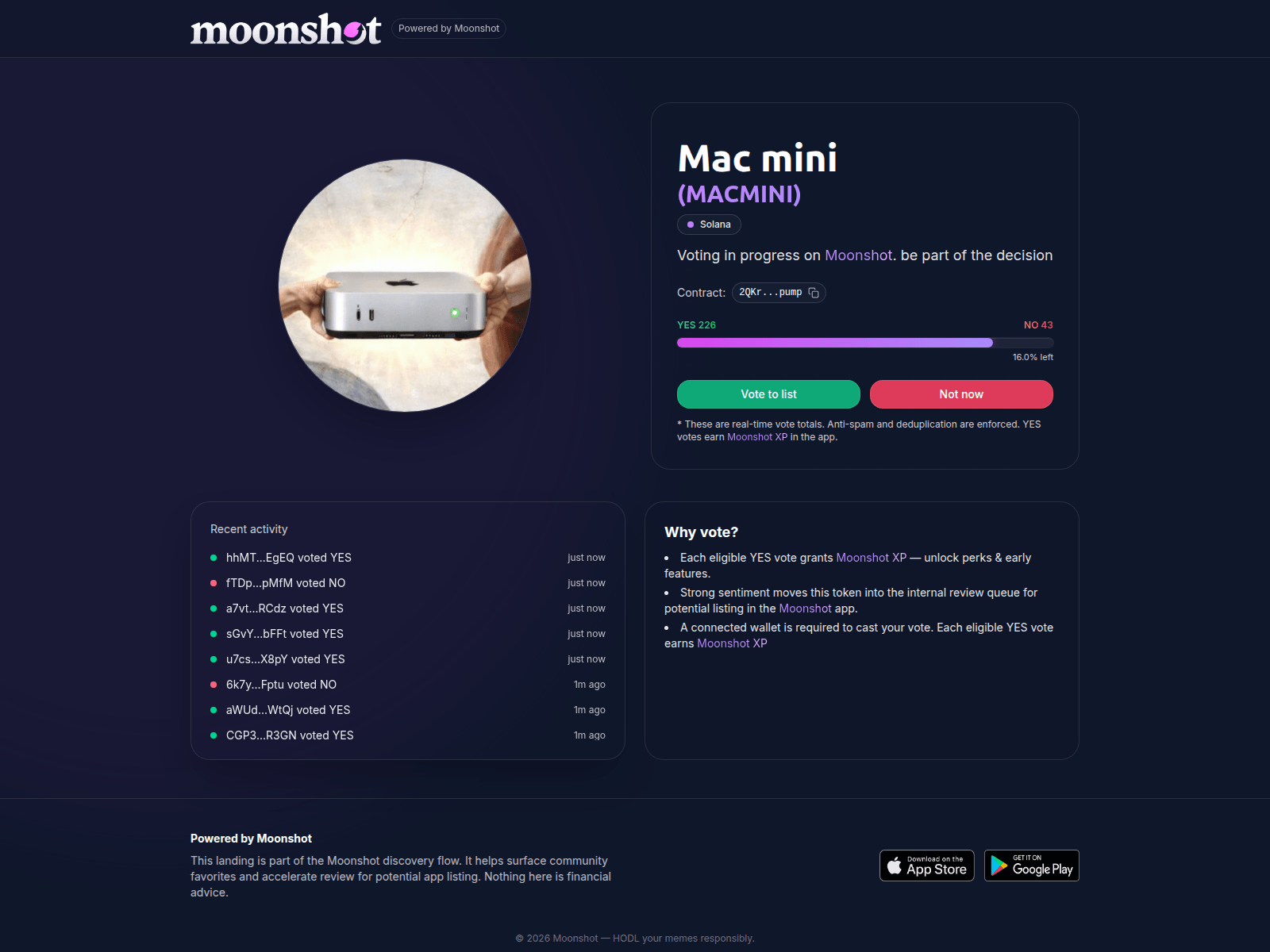 Screenshot of moonshot-vote.org/2QKrBtNECja4cJygxA7igwqxahs93GNmuQ2We2stpump