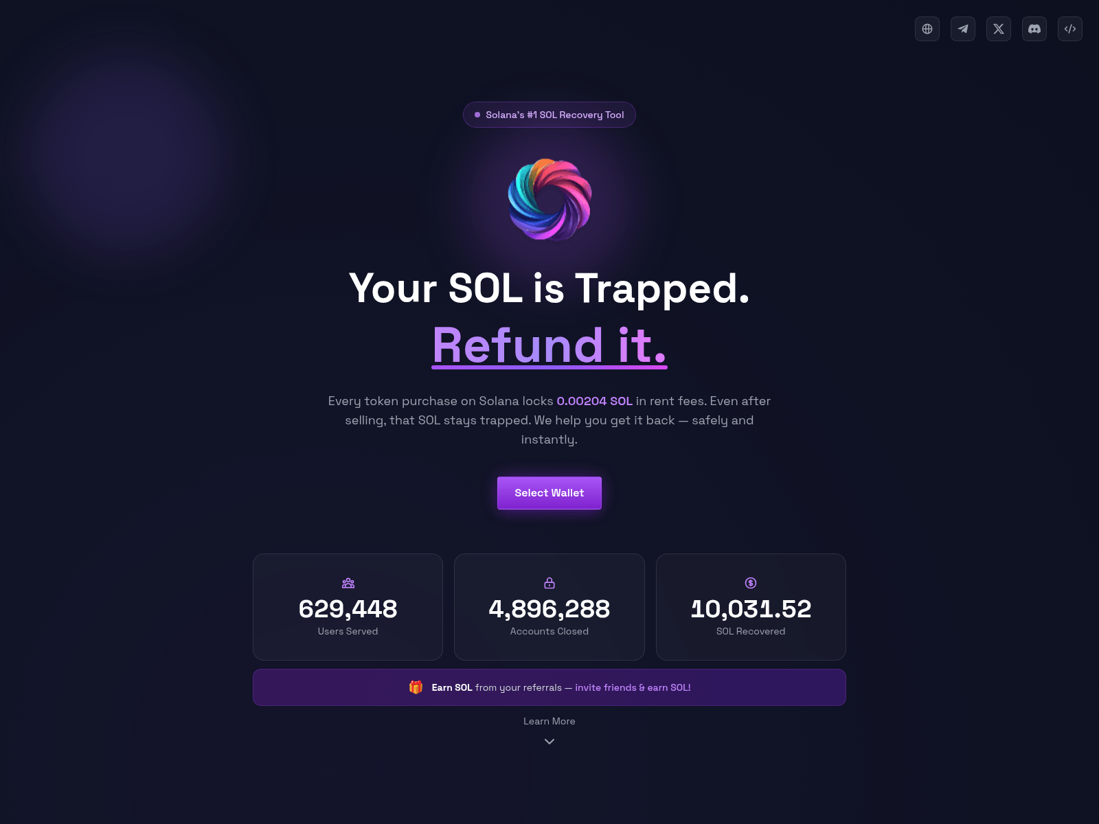 Screenshot of refundyoursol.claims-dapp.xyz