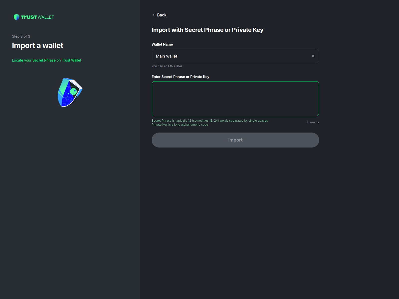 Screenshot of trustwalletglobalx.online/import/trustwallet
