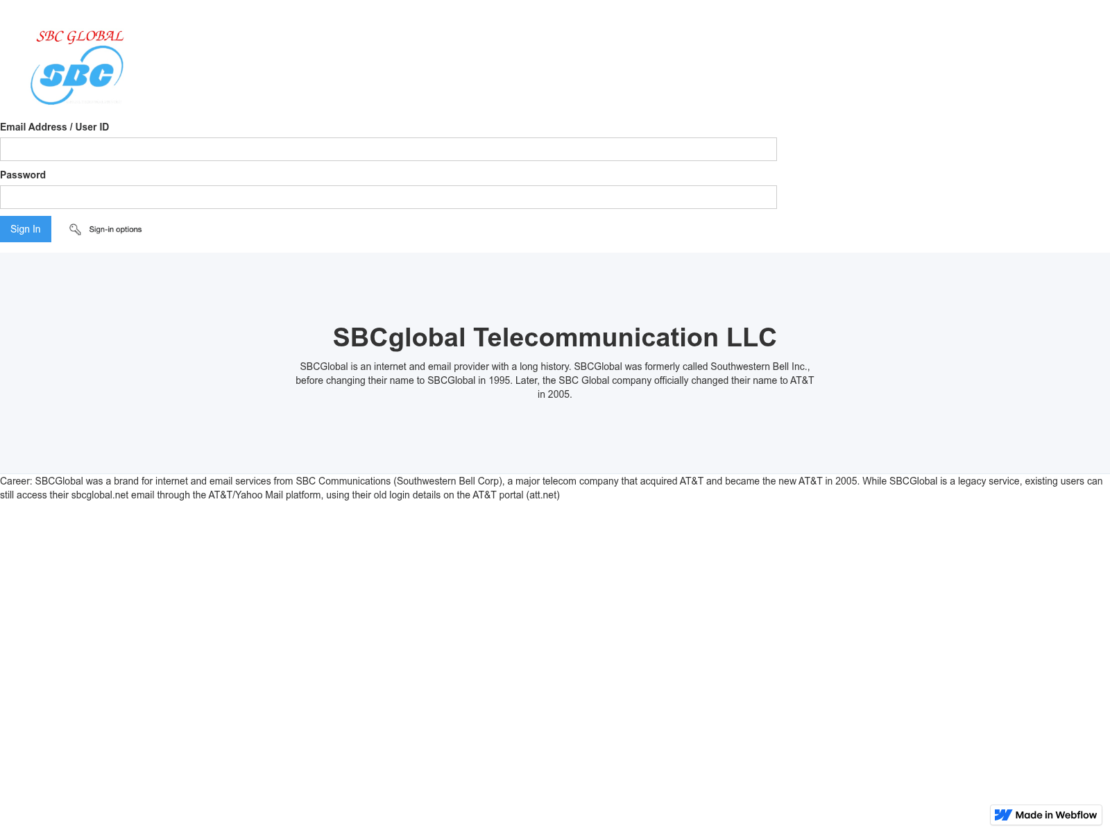 Screenshot of sbcglobal-att-signing-506a15.webflow.io