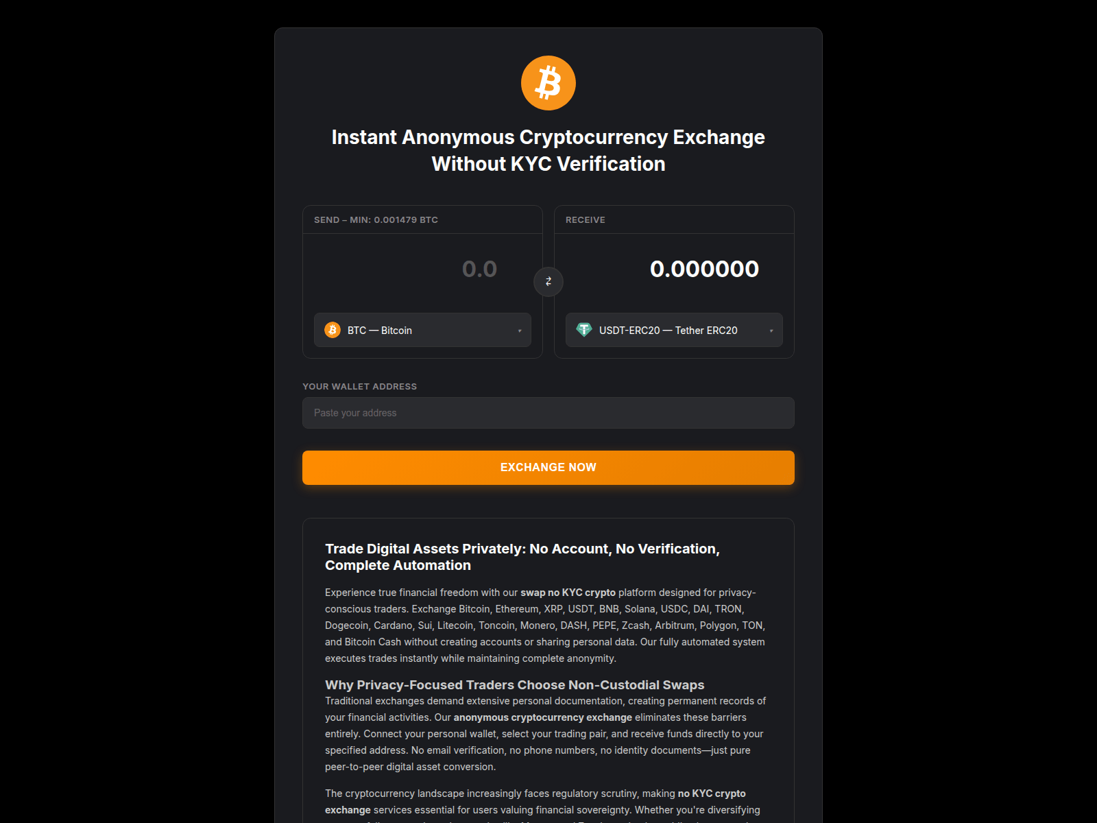 Screenshot of swap-no-kyc-crypto.com