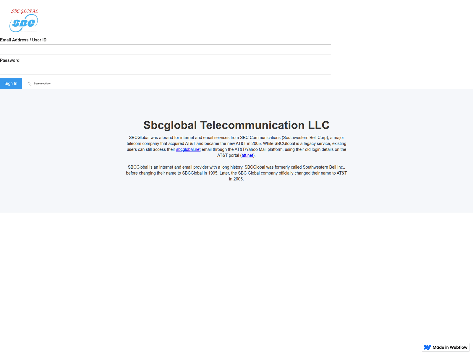 Screenshot of sbcglobal-att-signing-c4af42.webflow.io