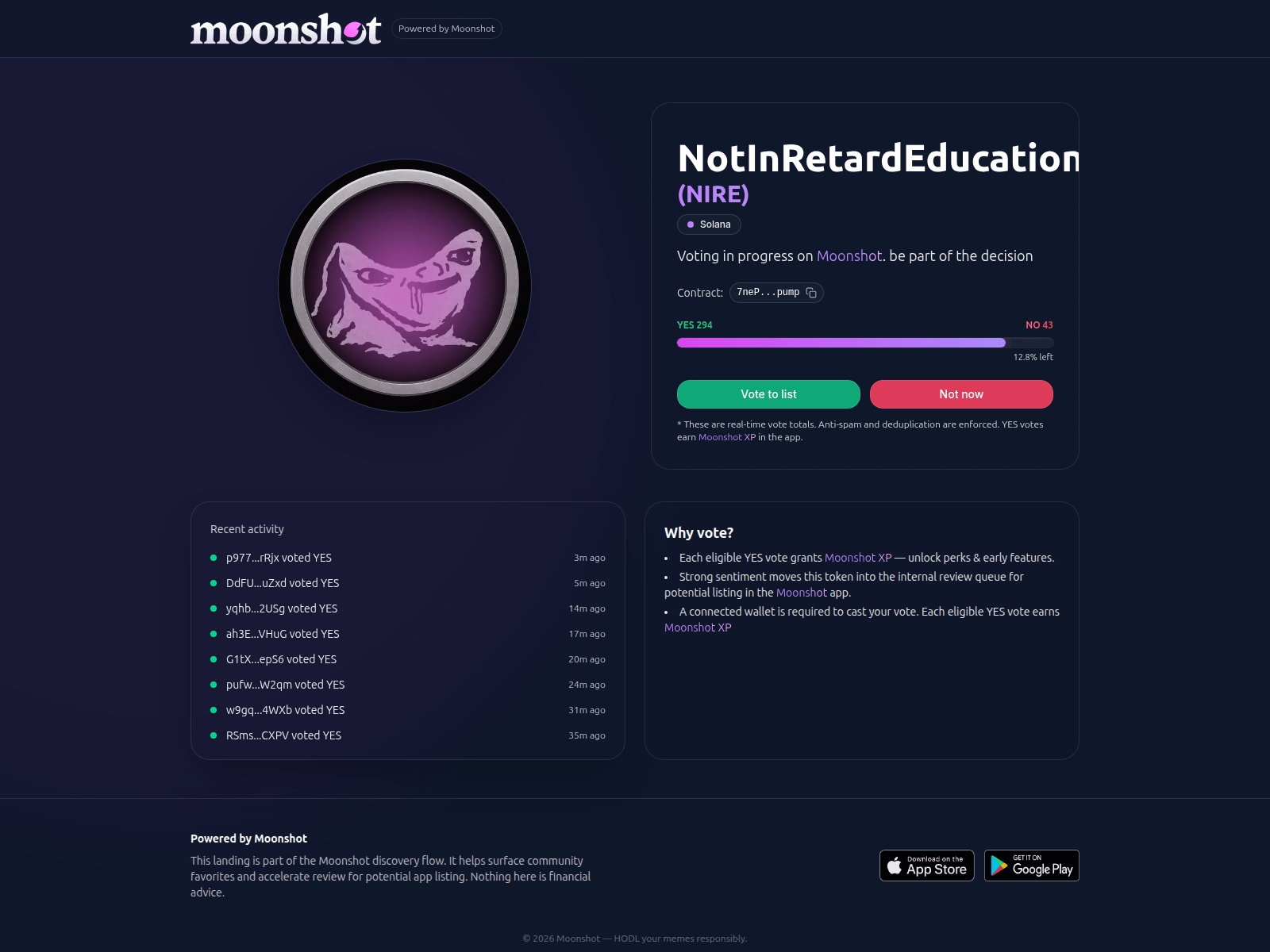 Screenshot of ranked-moonshot.com/vote/7nePAcJhg88s1KFJptgaBvzYgHaUDzddgU65Etvtpump