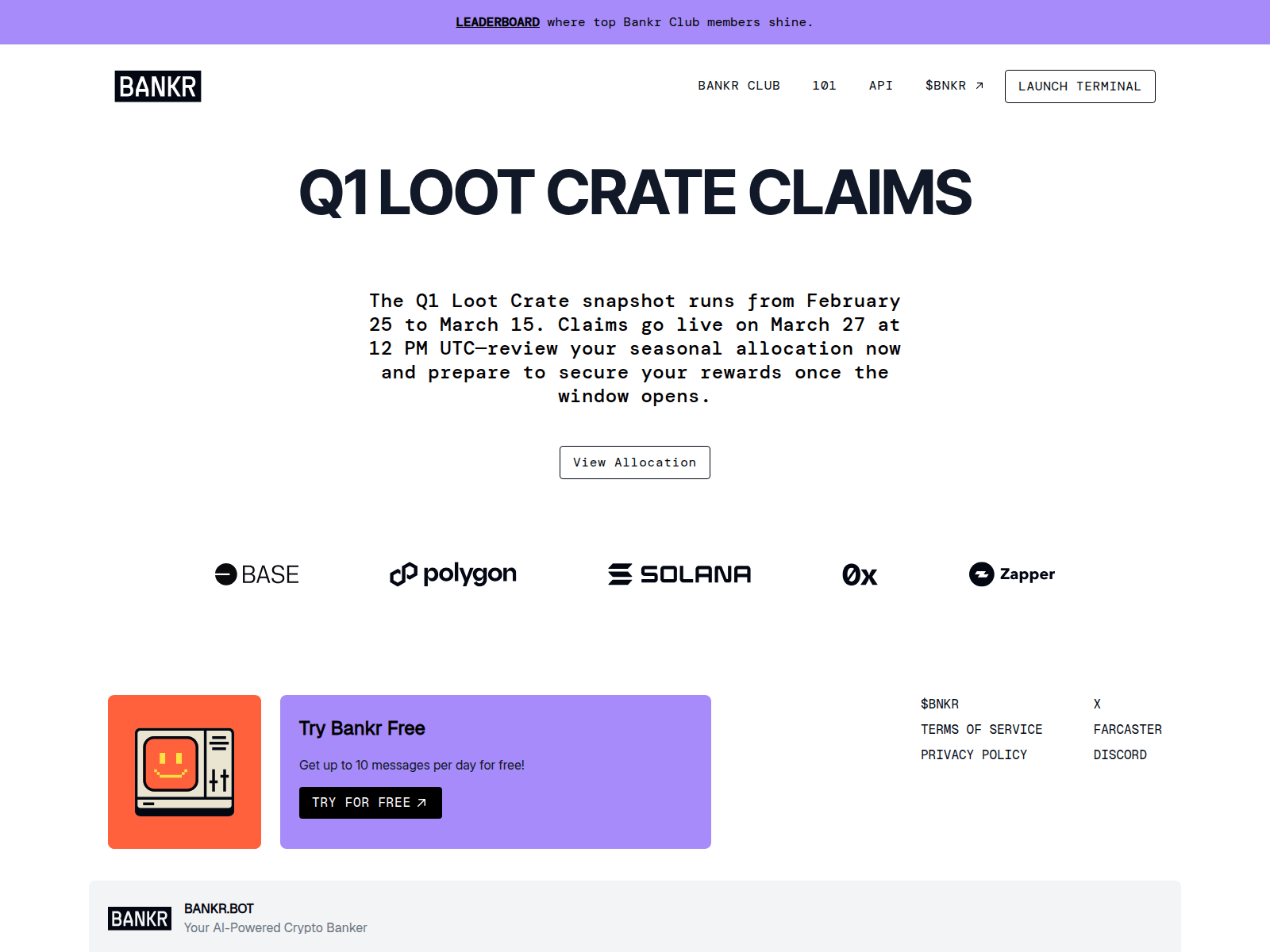 Screenshot of register-bankr.xyz/loot-crate