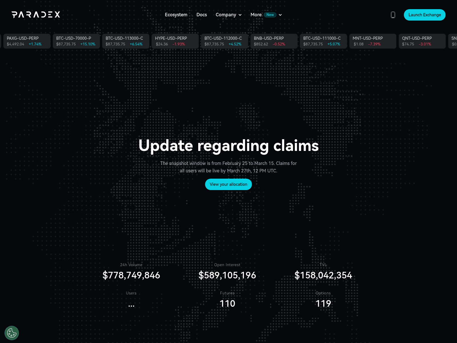 Screenshot of dashboard-paradex.xyz