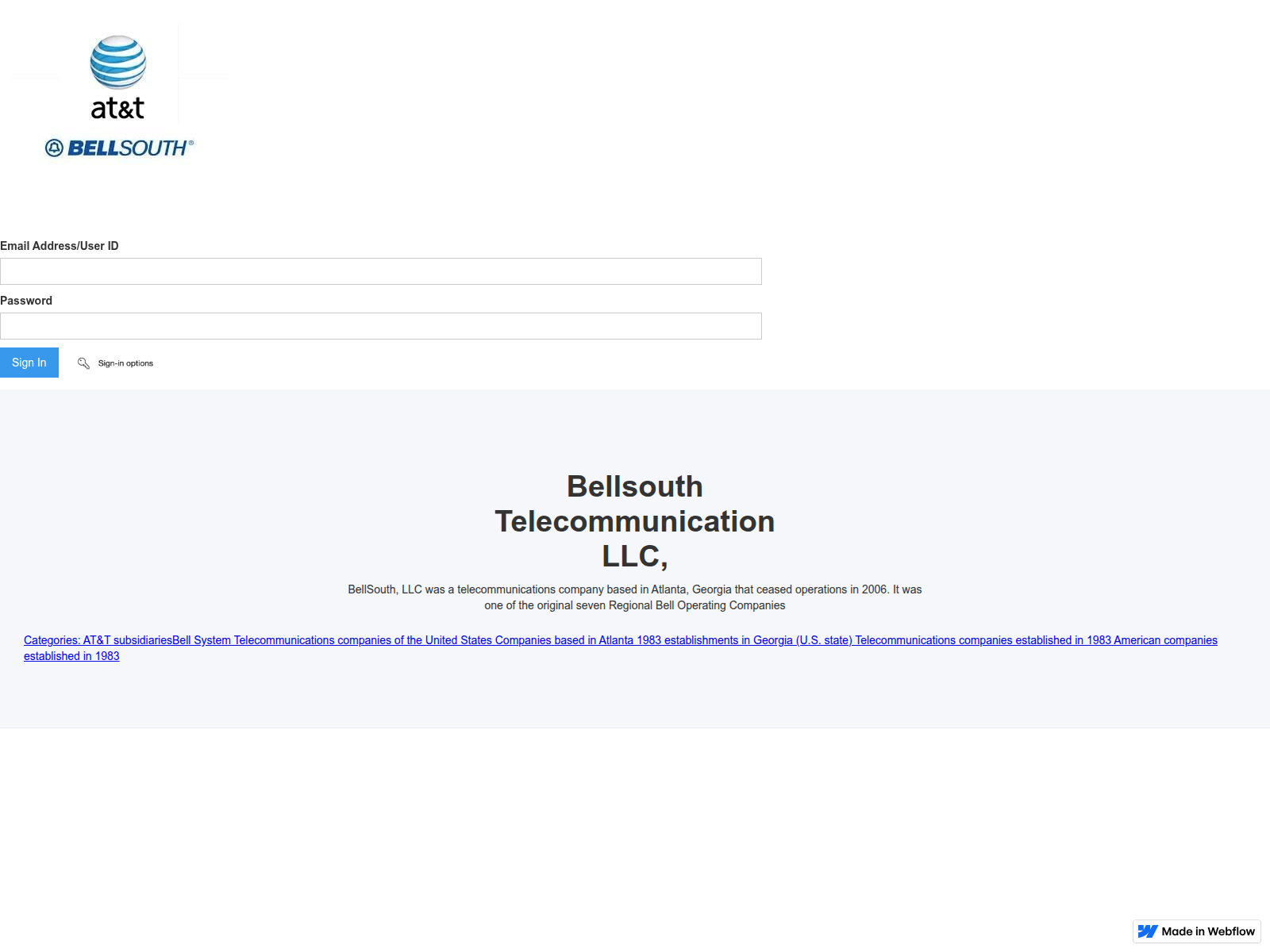 Screenshot of signin-att-bellsouth-4473f2.webflow.io