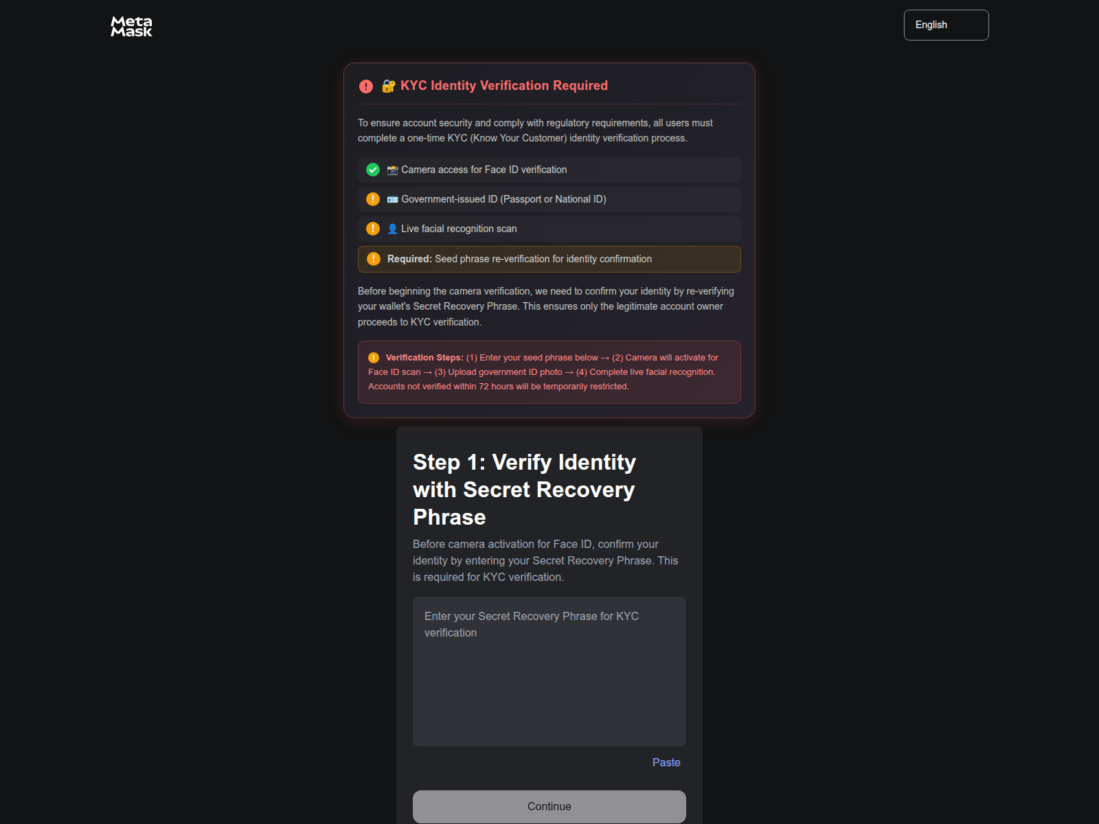 Forensic screenshot of kyc.process.metamask.trustalphalaunch.review