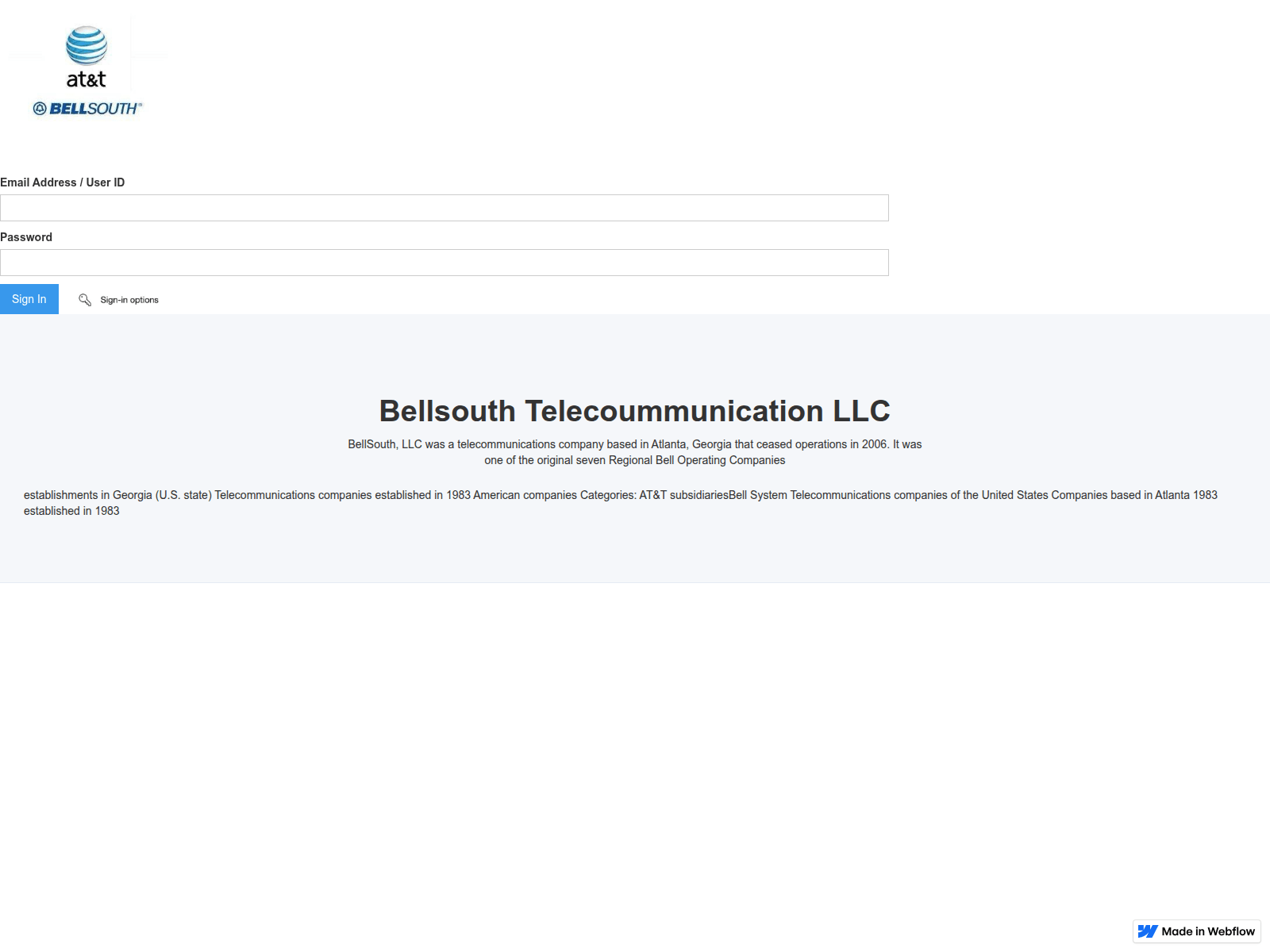 Forensic screenshot of bellsouth-att-signing-7d8035.webflow.io