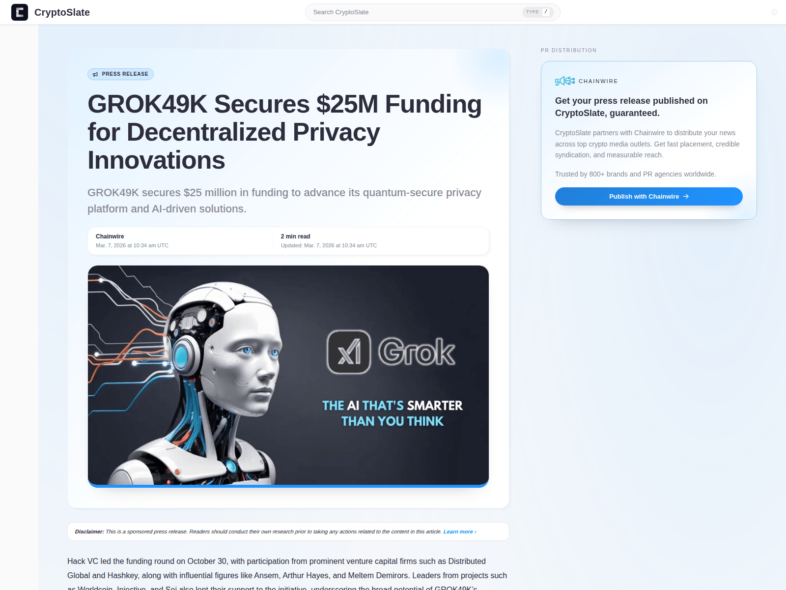 Forensic screenshot of grok49k-cryptoslate.com