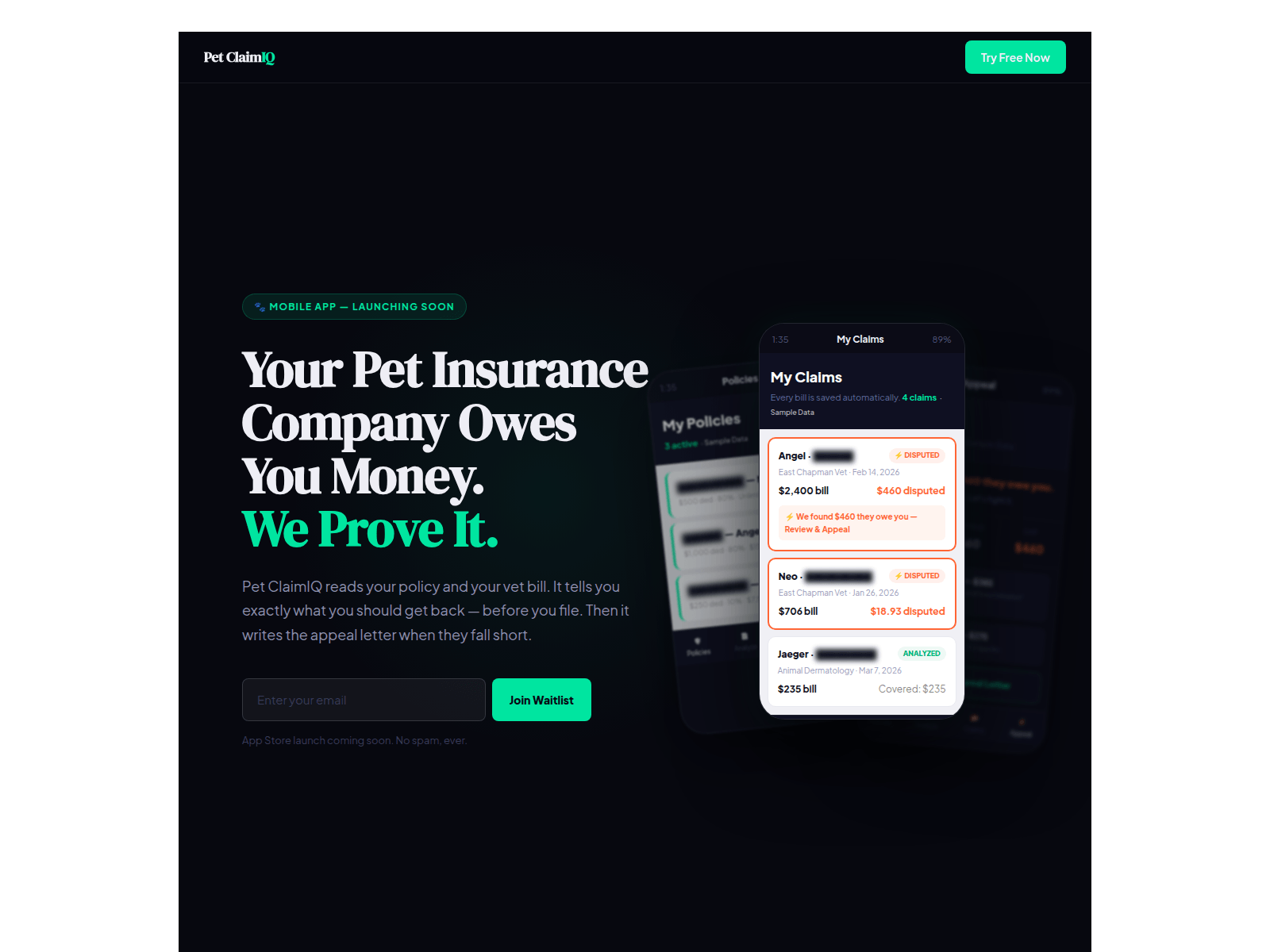 Screenshot of www.petclaimiq.com