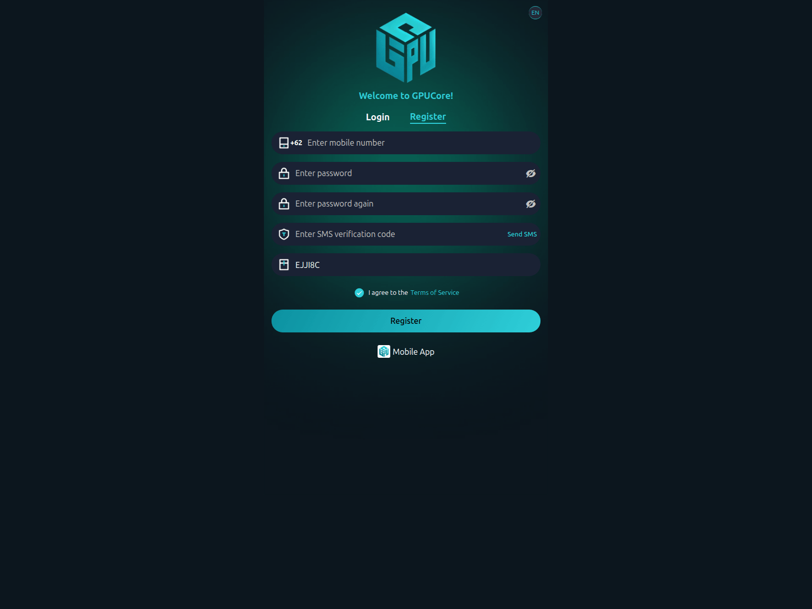 Forensic screenshot of app.gpucore.com