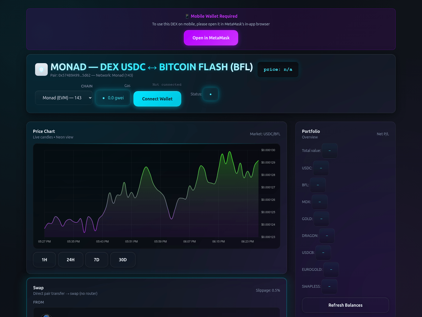 Forensic screenshot of monad-dex.imperamonad.xyz