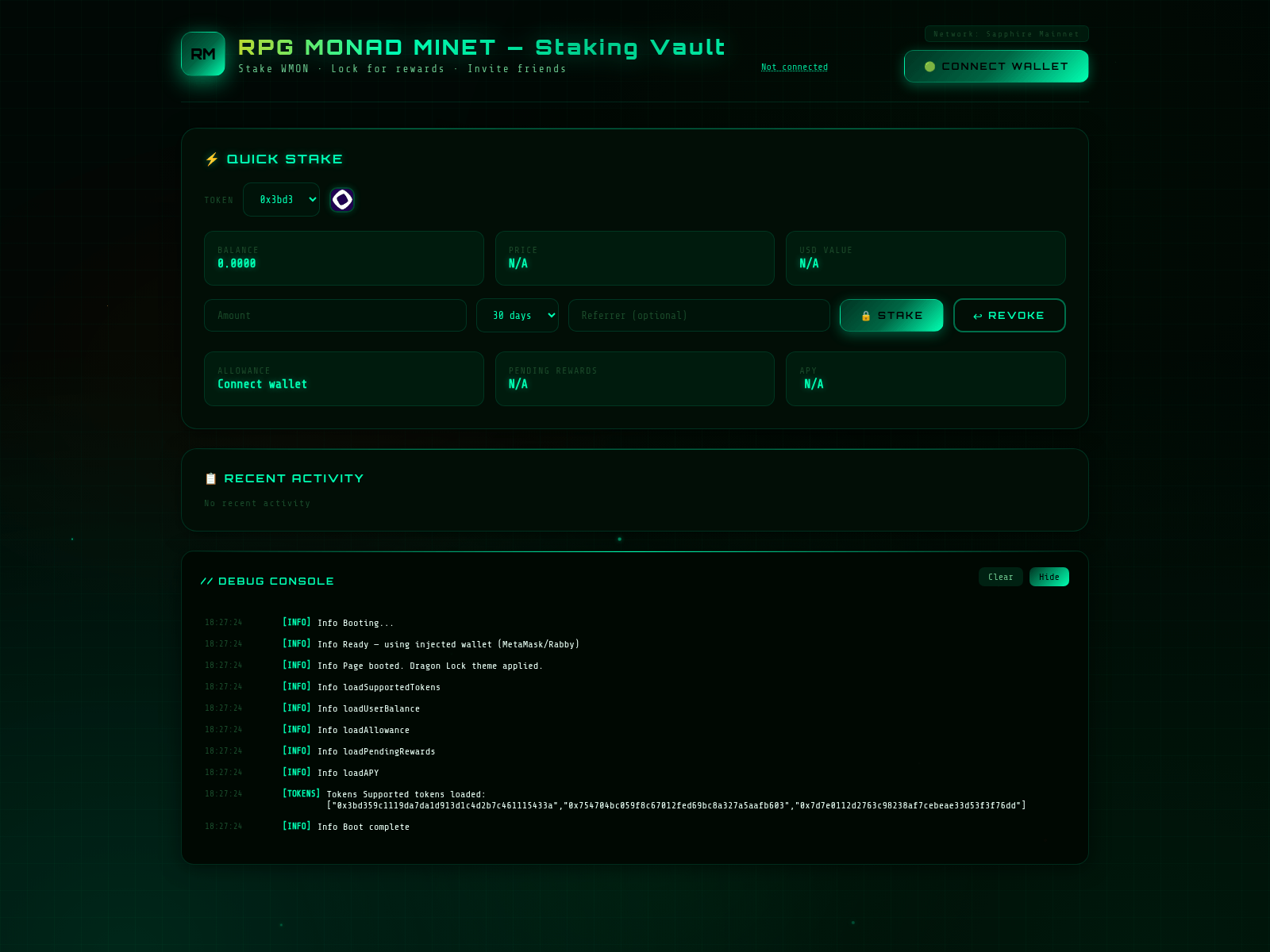 Forensic screenshot of staking.imperamonad.xyz