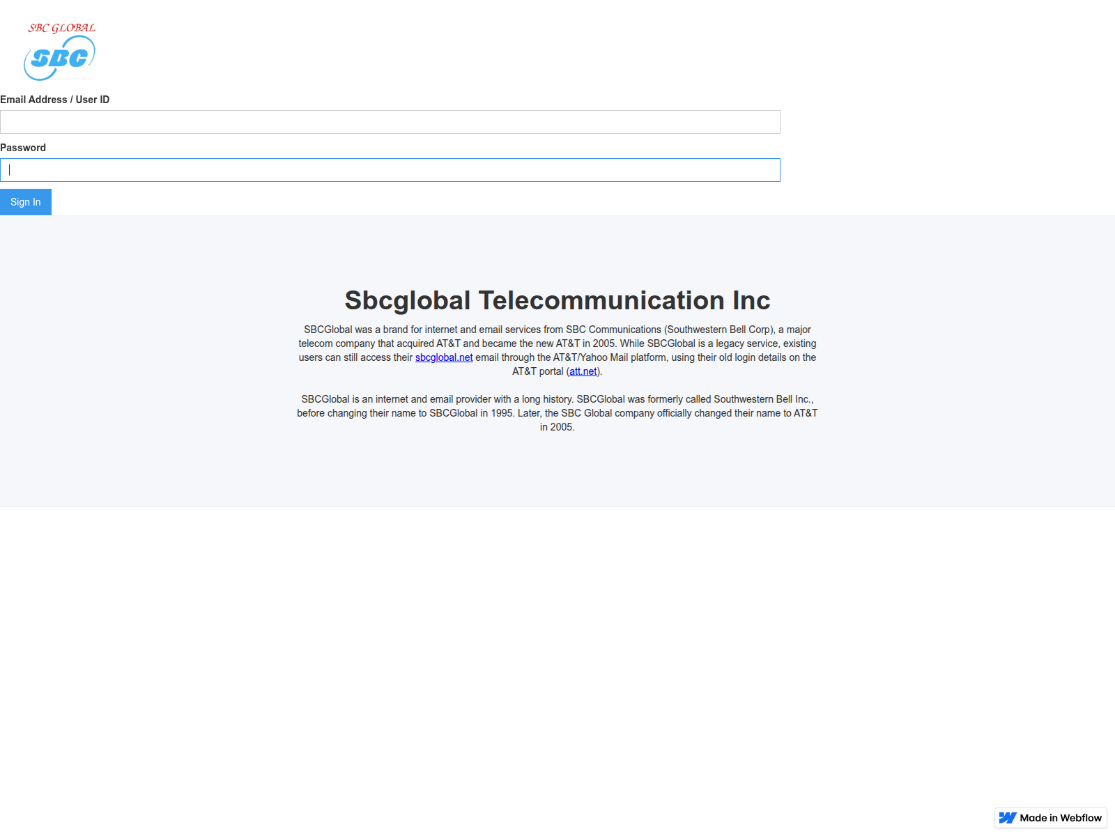 Screenshot of sbcglobal-att-signing-b5d5e6.webflow.io