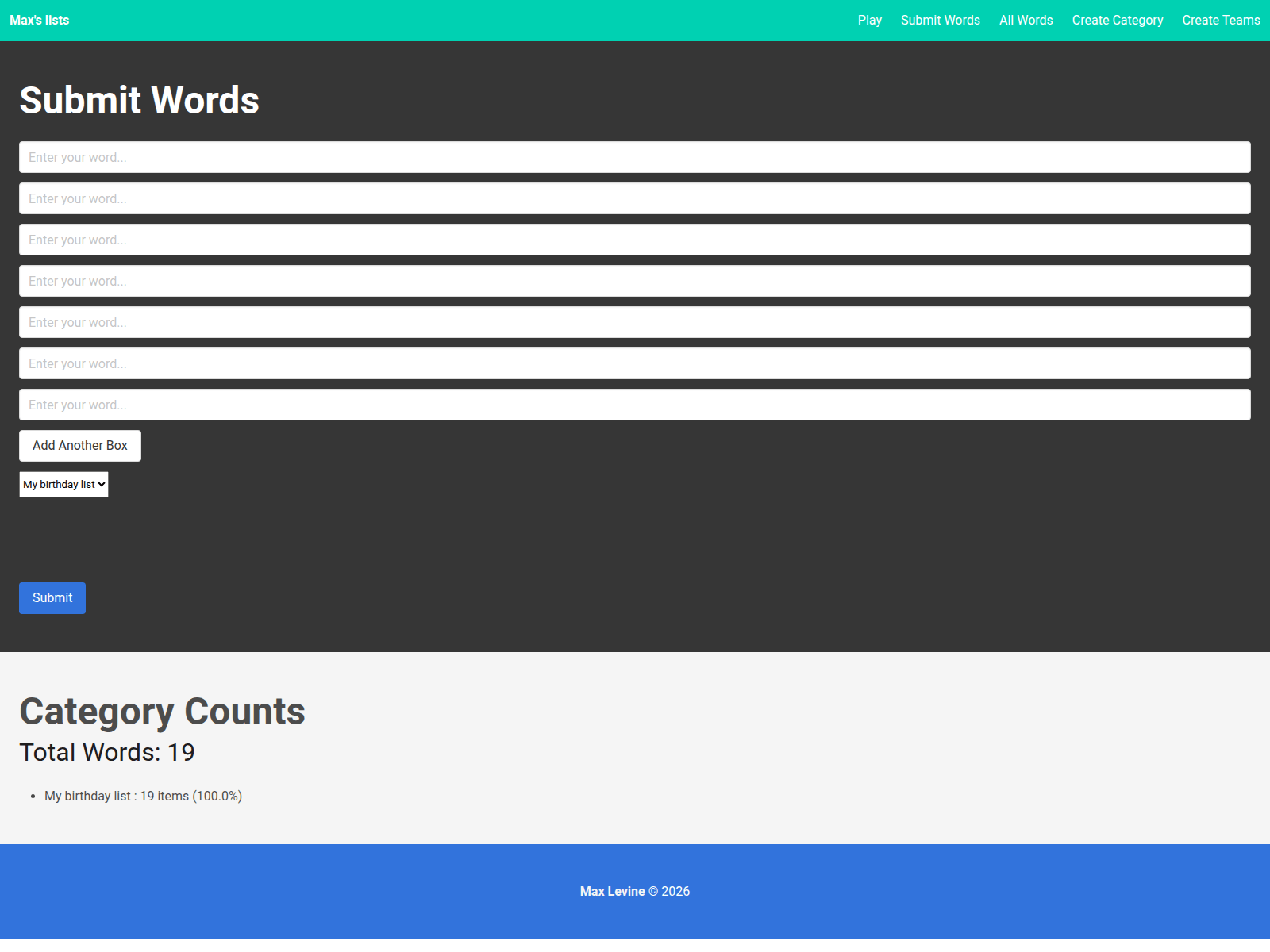 Screenshot of lists.maxlevine.co.uk
