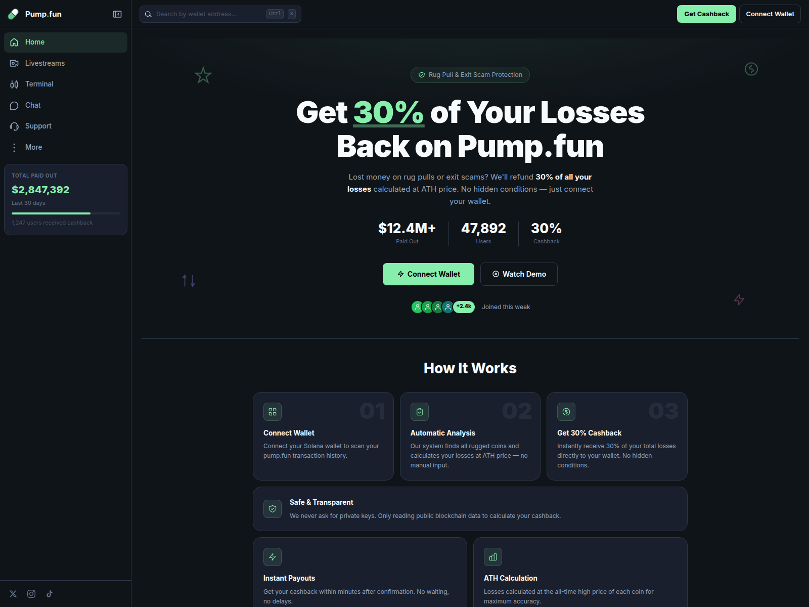 Forensic screenshot of returns-pump.fun