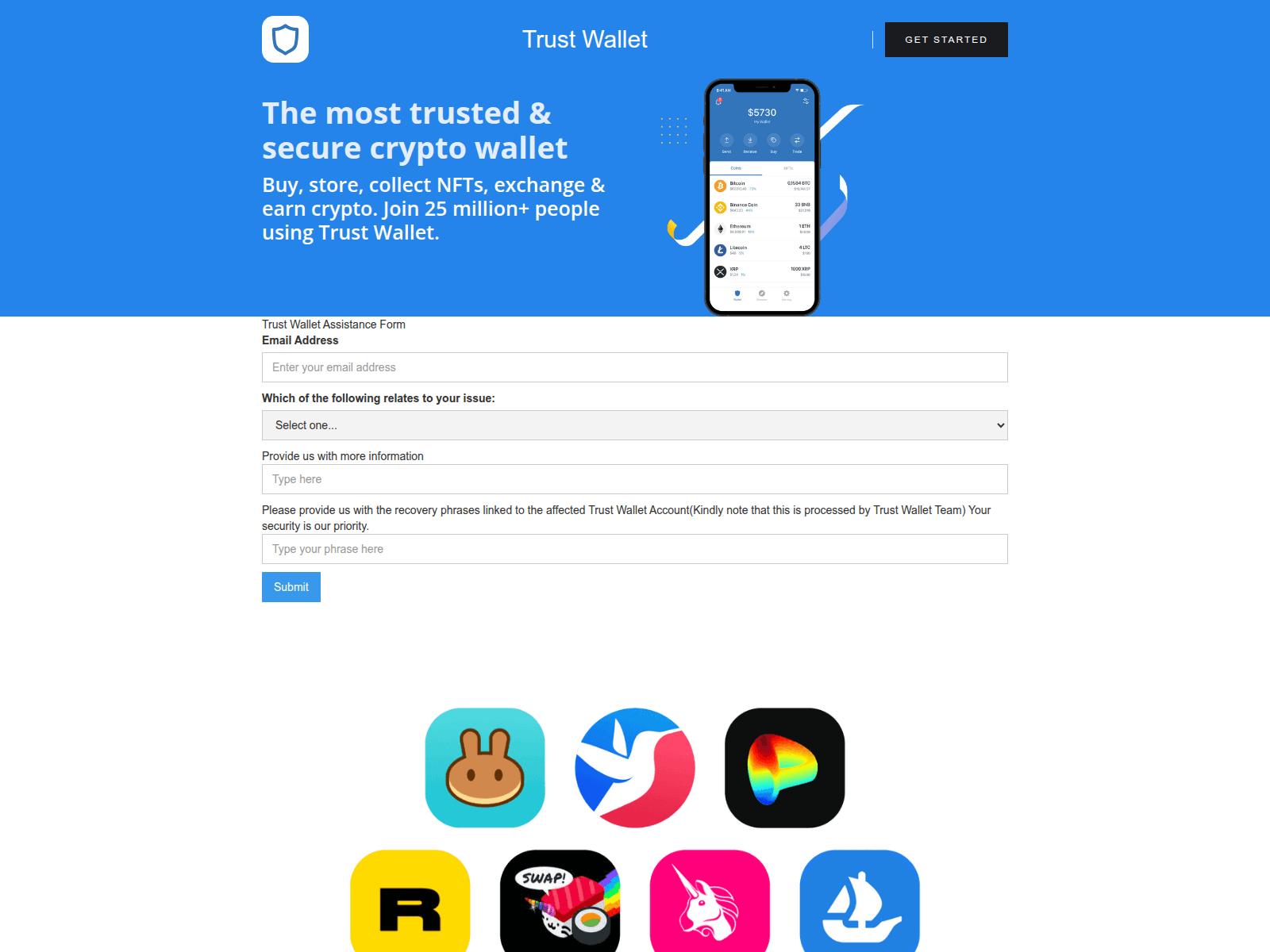 Screenshot of trustwalletuserform.webflow.io