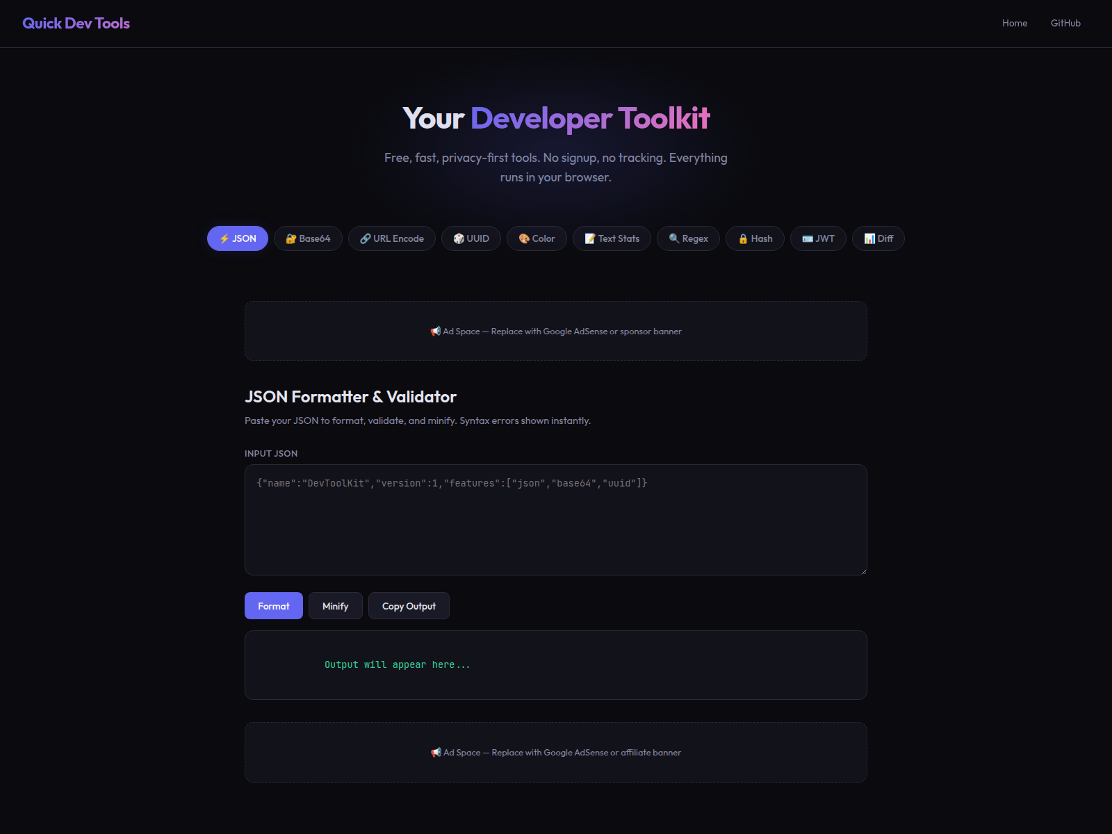 Screenshot of quick-dev-tools.com