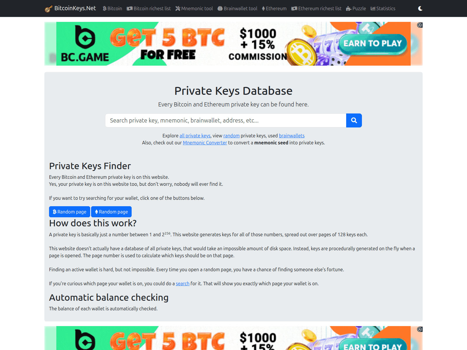 Forensic screenshot of bitcoinkeys.net