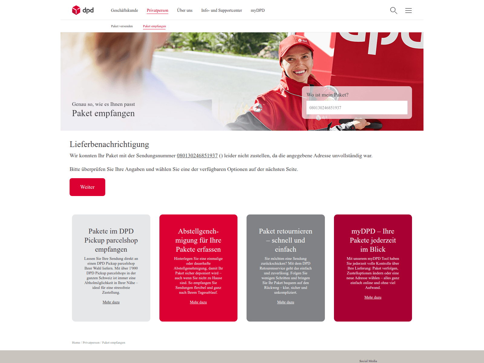 Screenshot of tracking-services-schweiz-mydpd-ch.design-peak.com