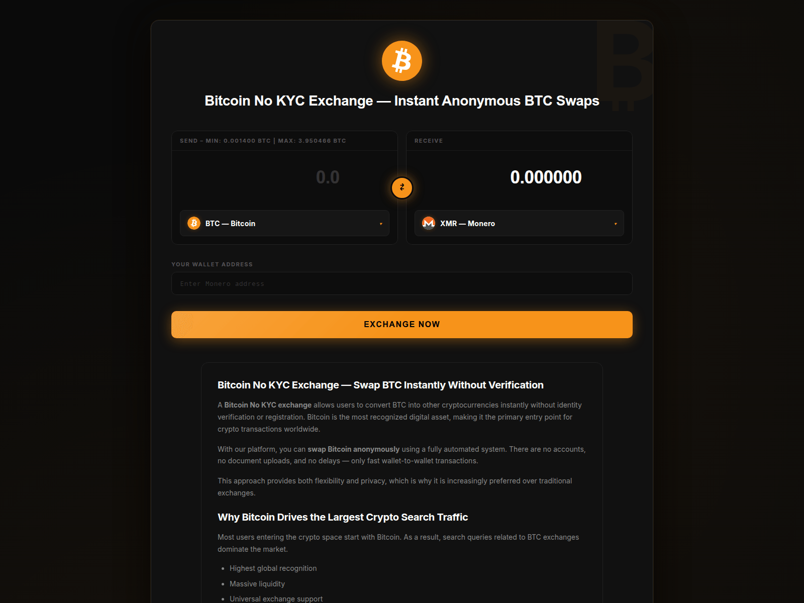 Screenshot of no-kyc-bitcoin.exchange