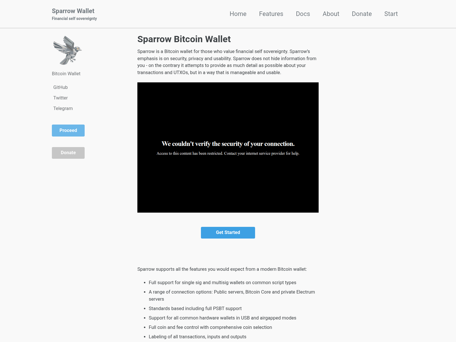 Screenshot of sparrowwallets.pages.dev
