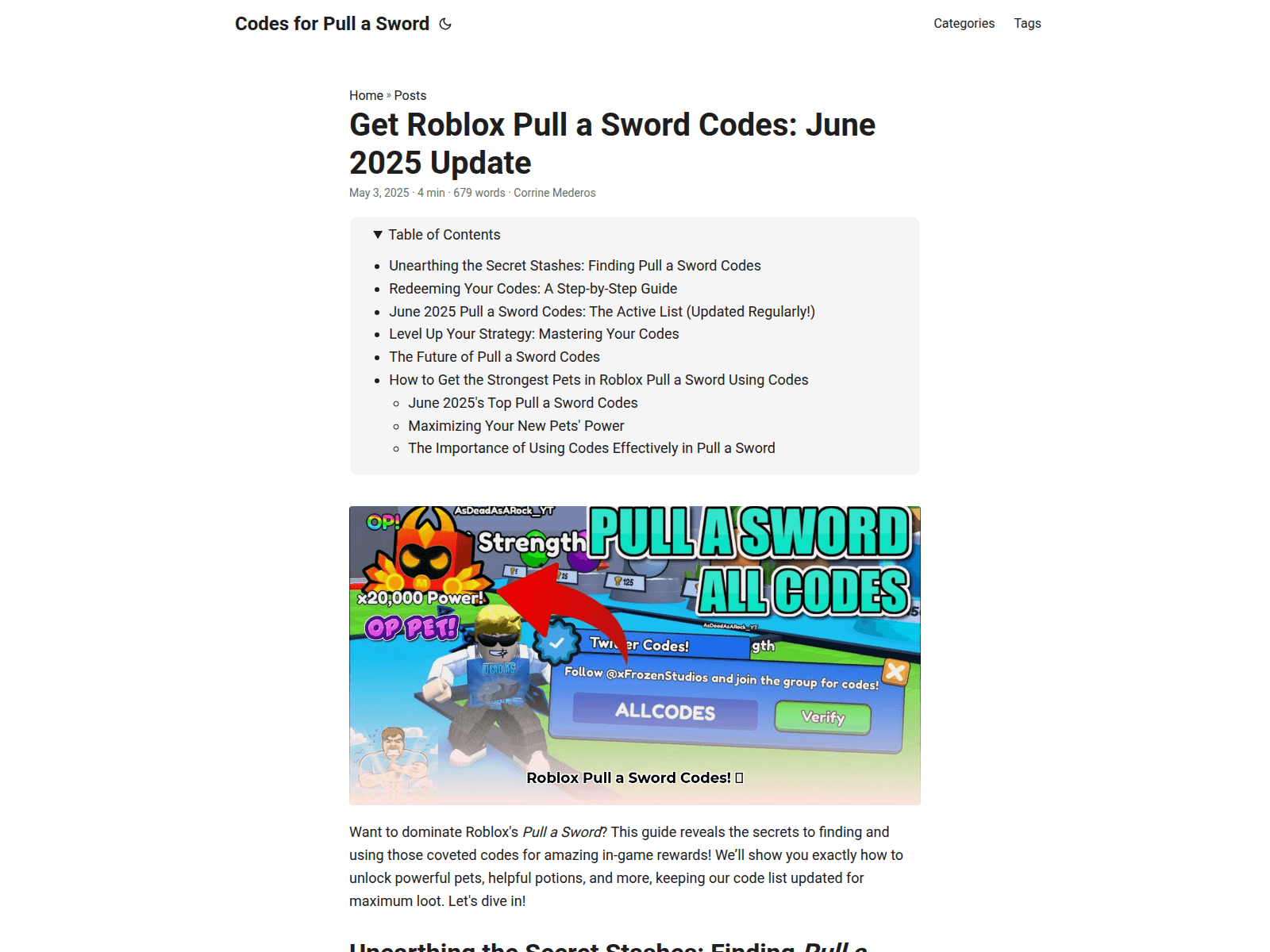 Screenshot of codes-for-pull-a-sword.pages.dev