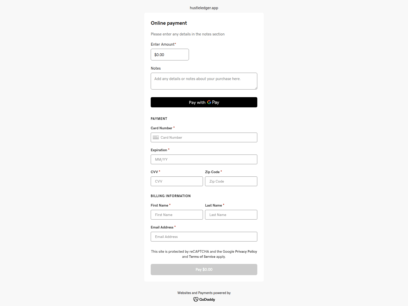Forensic screenshot of pay.hustleledger.app