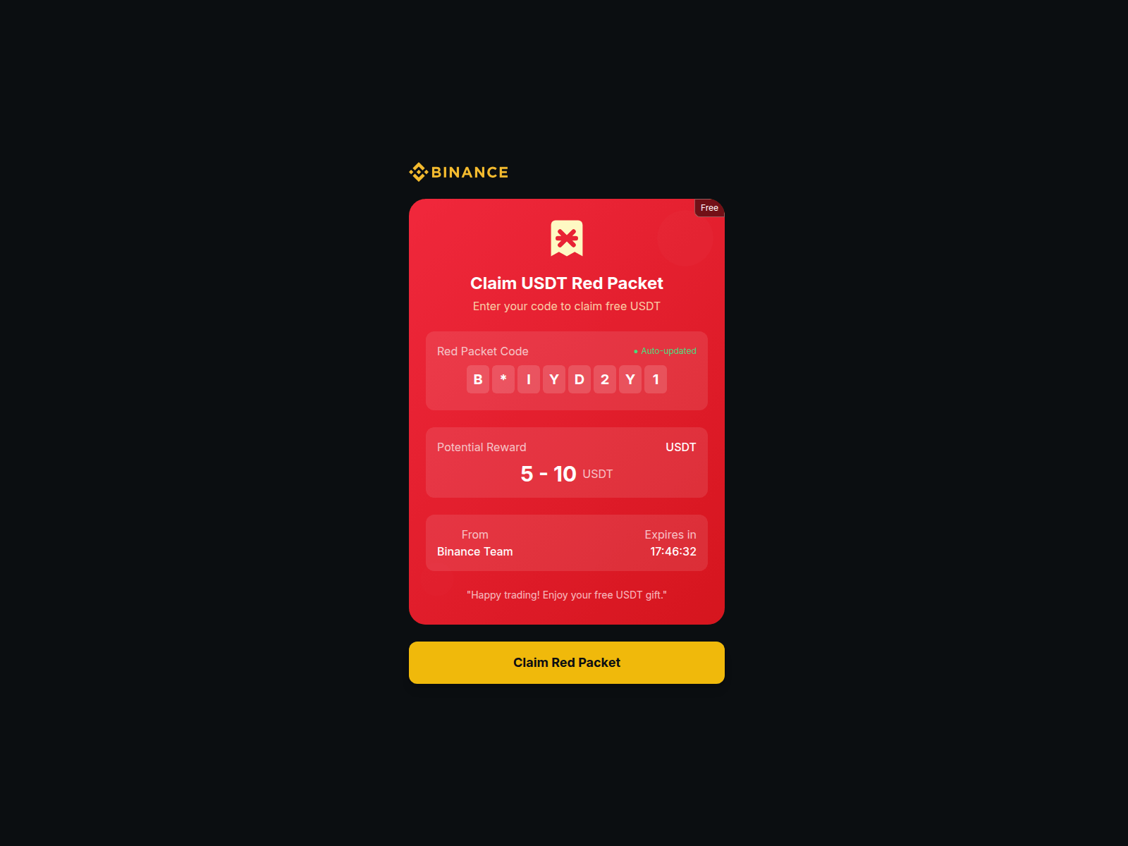 Forensic screenshot of binance-red-packet.vercel.app