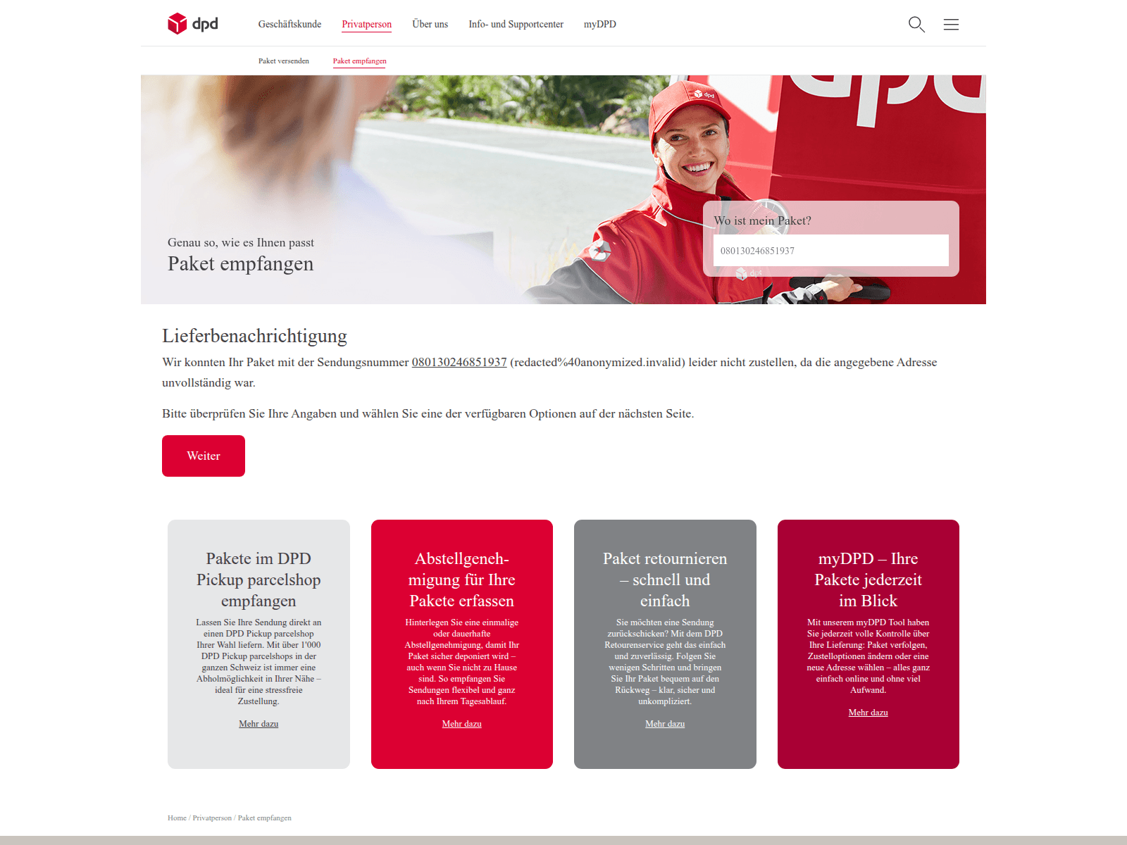 Screenshot of support-tracking-schweiz-mydpd.design-peak.com