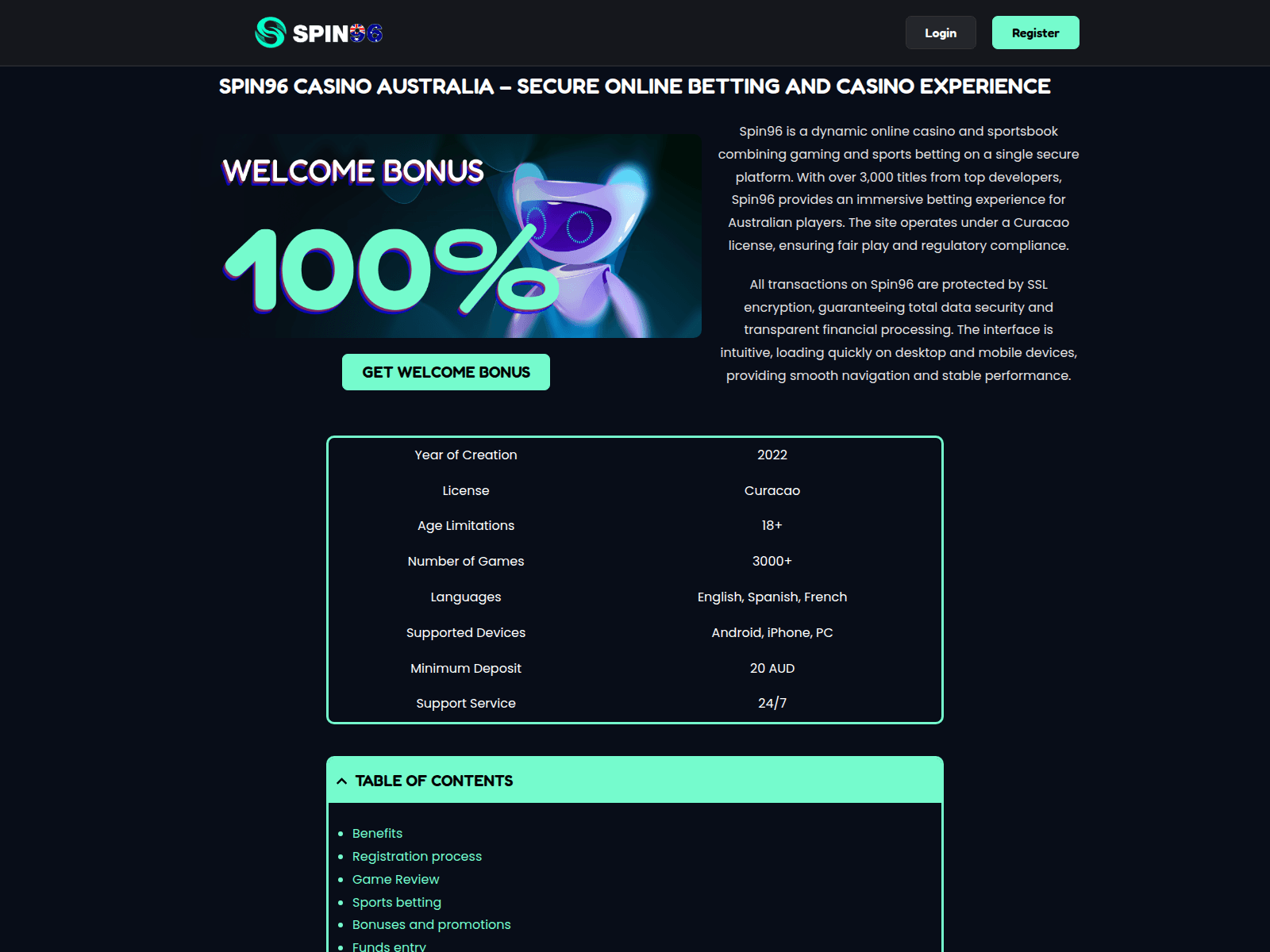 Forensic screenshot of spin96-au.com