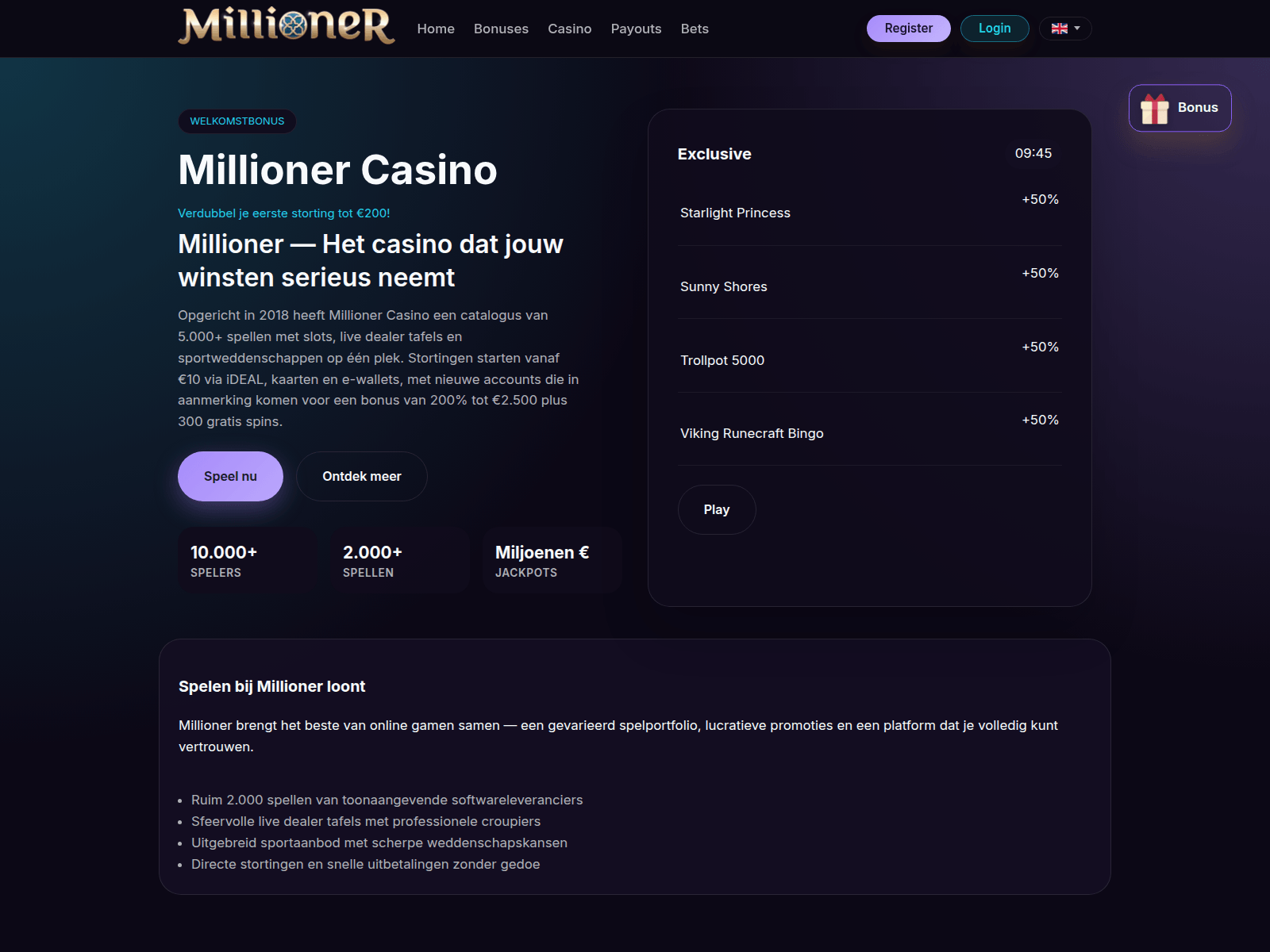 Screenshot of millionercasinonl.com