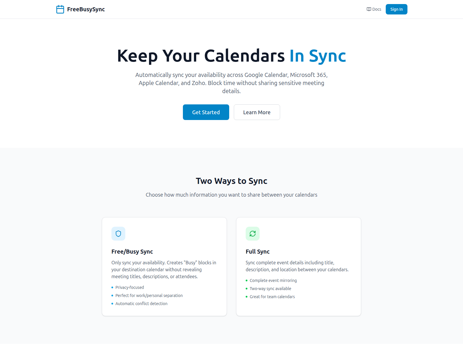 Screenshot of freebusysync-web.pages.dev