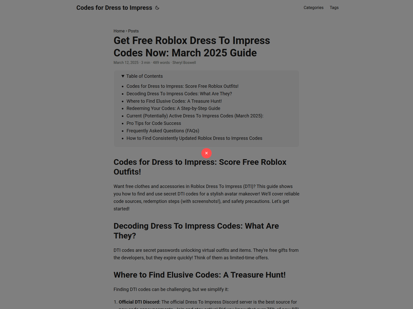 Screenshot of codes-for-dress-to-impress.pages.dev