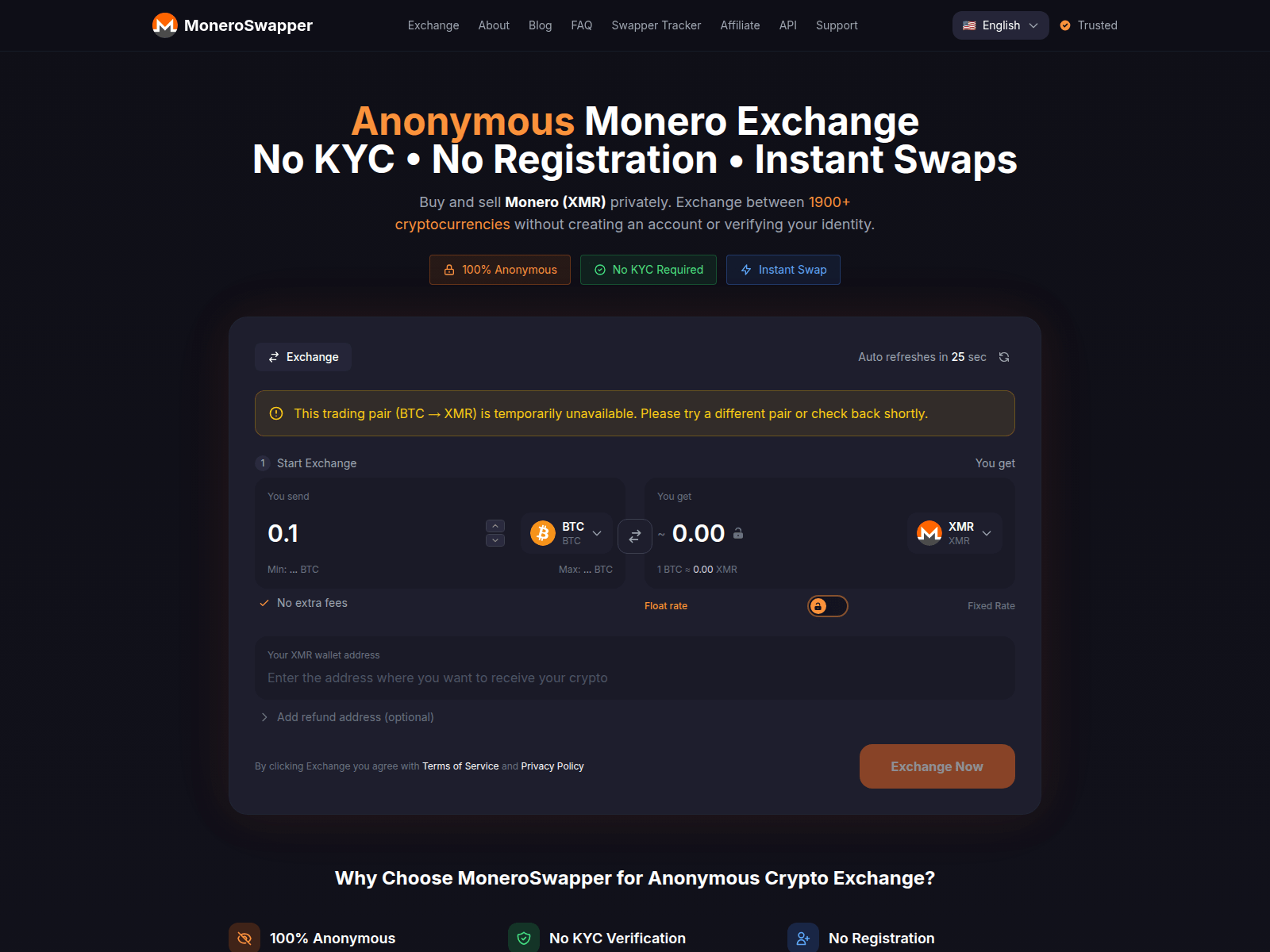 Screenshot of moneroswapper.com