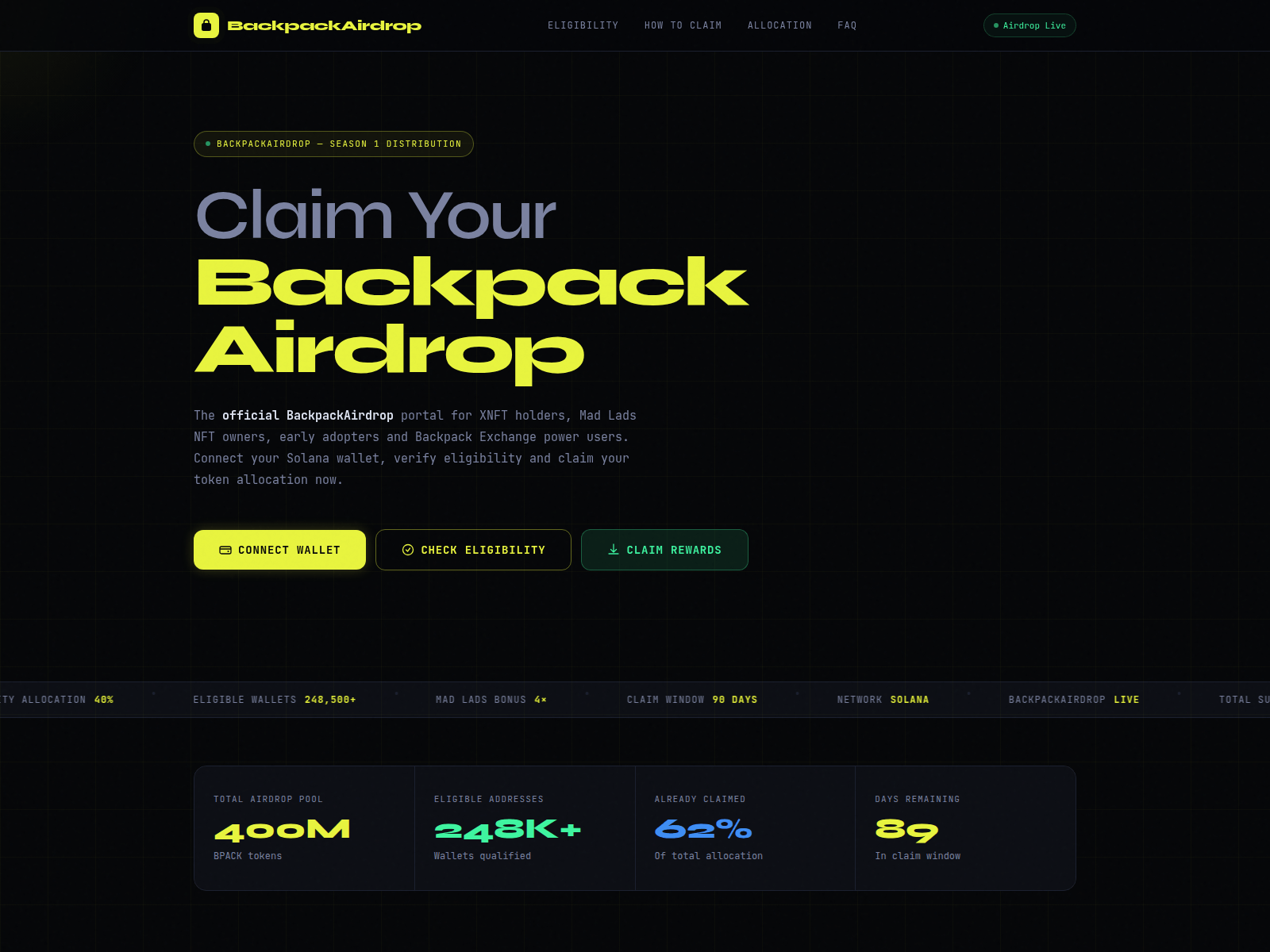 Forensic screenshot of backpack-airdrop.vercel.app