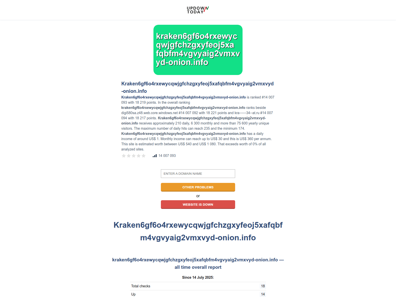 Screenshot of kraken6gf6o4rxewycqwjgfchzgxyfeoj5xafqbfm4vgvyaig2vmxvyd-onion.info.updowntoday.com